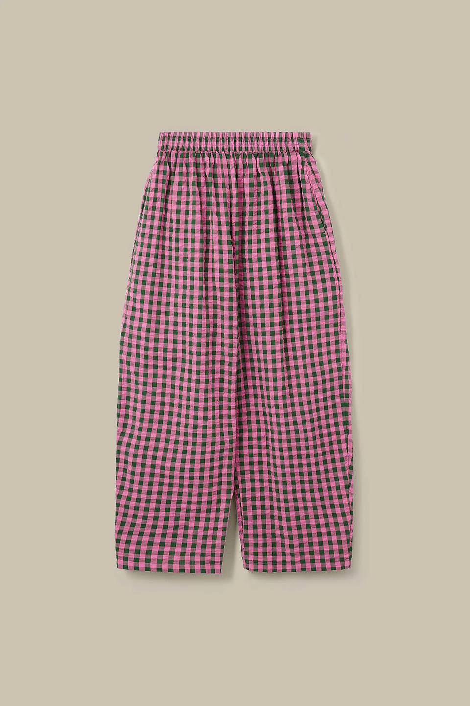 Freddie - Barrel Leg Cotton Trousers in Pink & Green Gingham - Image 7