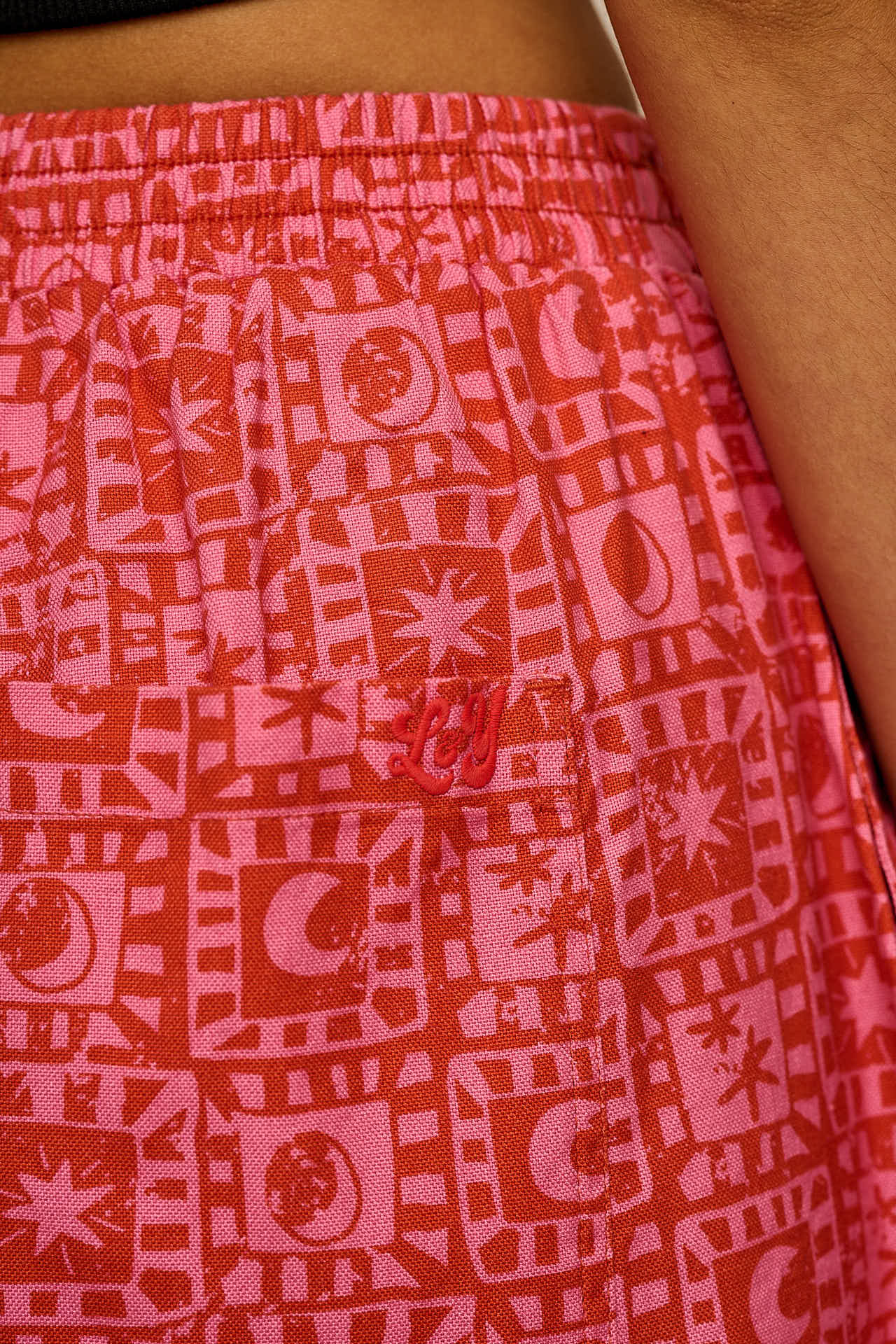 Freddie - Barrel Leg Cotton Trousers in Pink & Red Lunar Checkerboard - Image 4