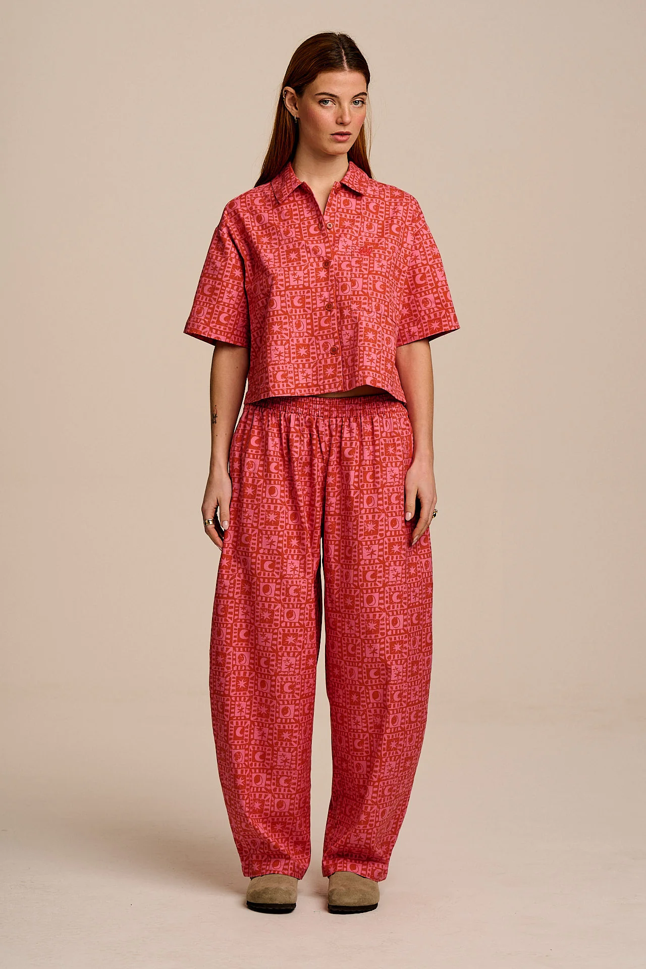Freddie - Barrel Leg Cotton Trousers in Pink & Red Lunar Checkerboard - Image 7