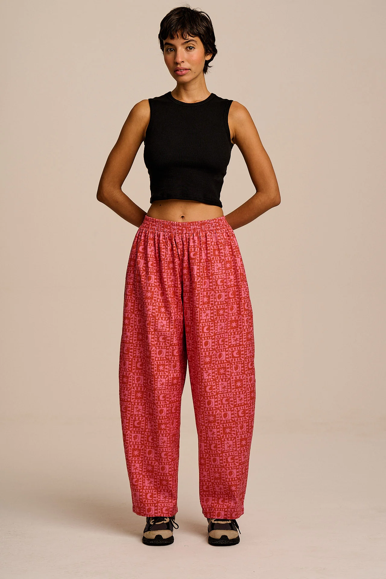Freddie - Barrel Leg Cotton Trousers in Pink & Red Lunar Checkerboard - Image 8