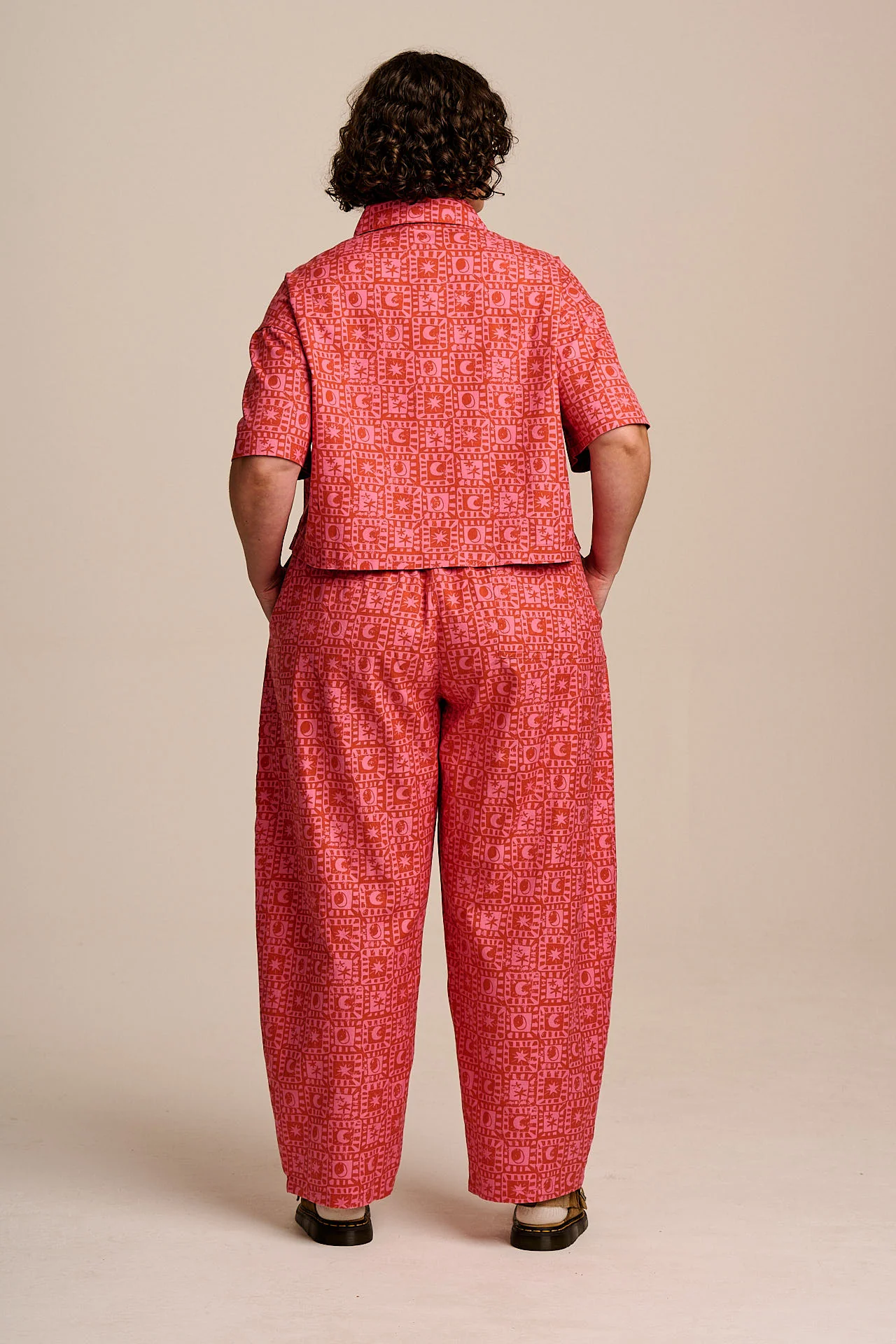 Freddie - Barrel Leg Cotton Trousers in Pink & Red Lunar Checkerboard - Image 9