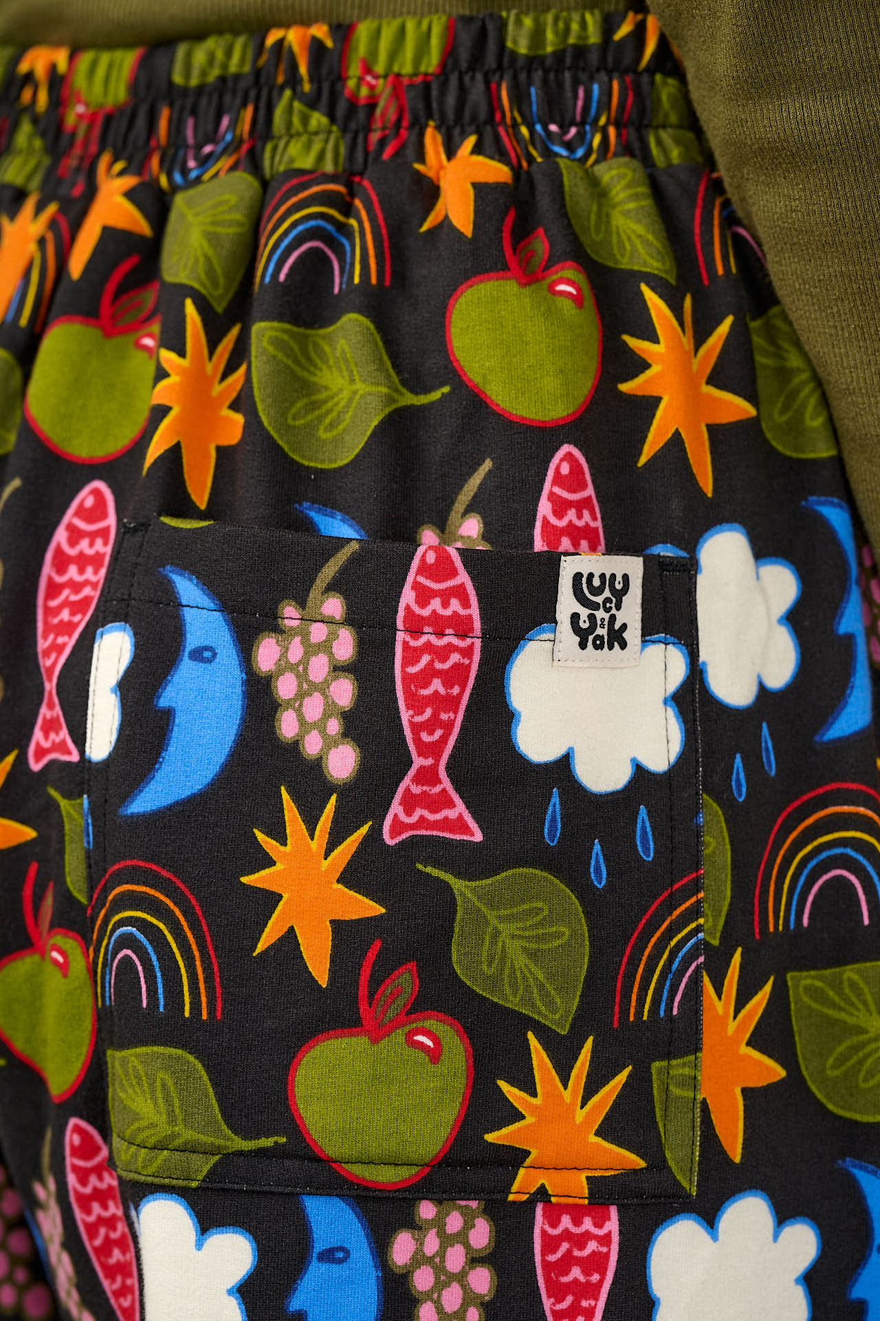 Freddie - Barrel Leg Cotton Jersey Trousers in Naive Shapes Print - Image 3