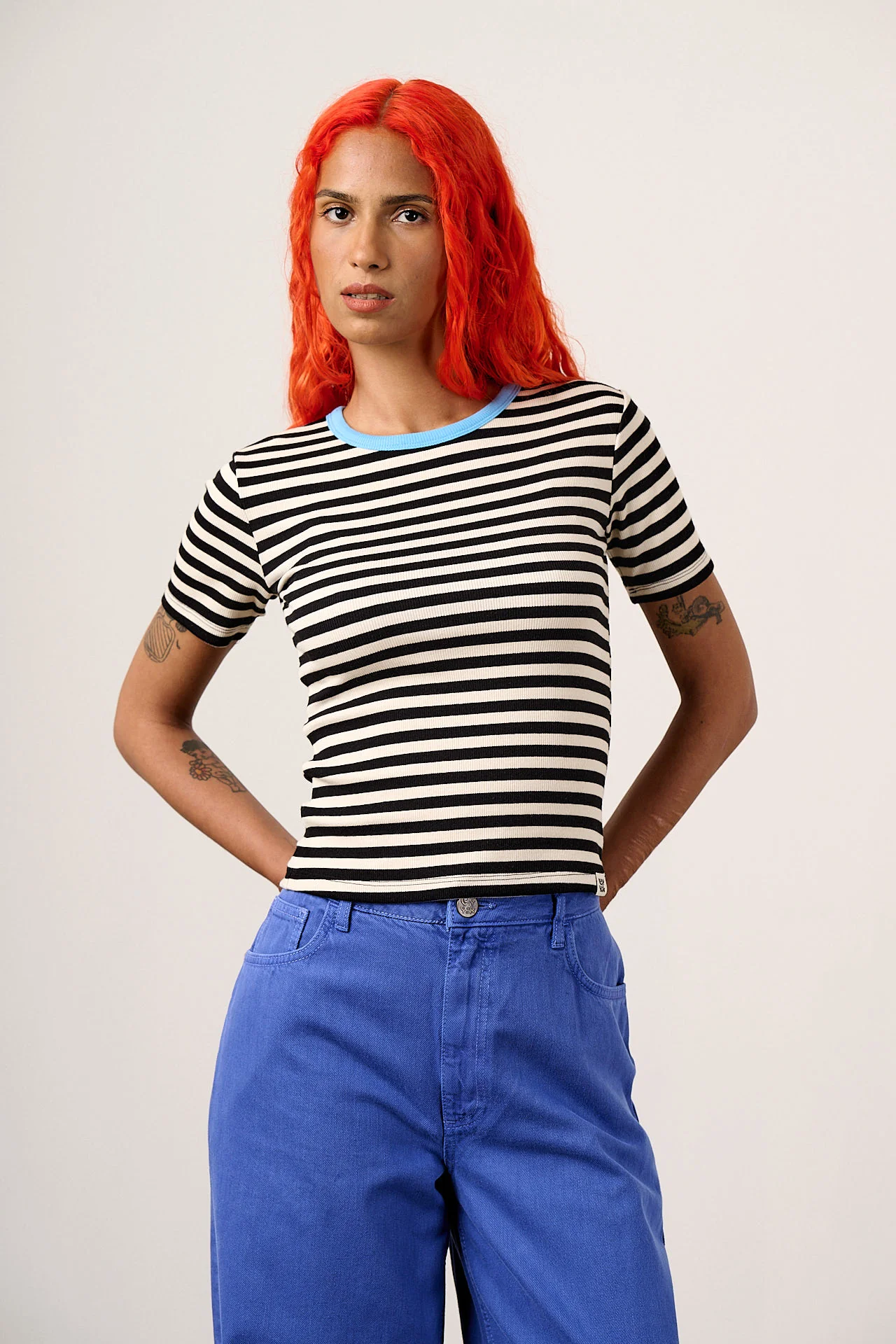 Gracie - Cotton T-Shirt in Black & White Stripe