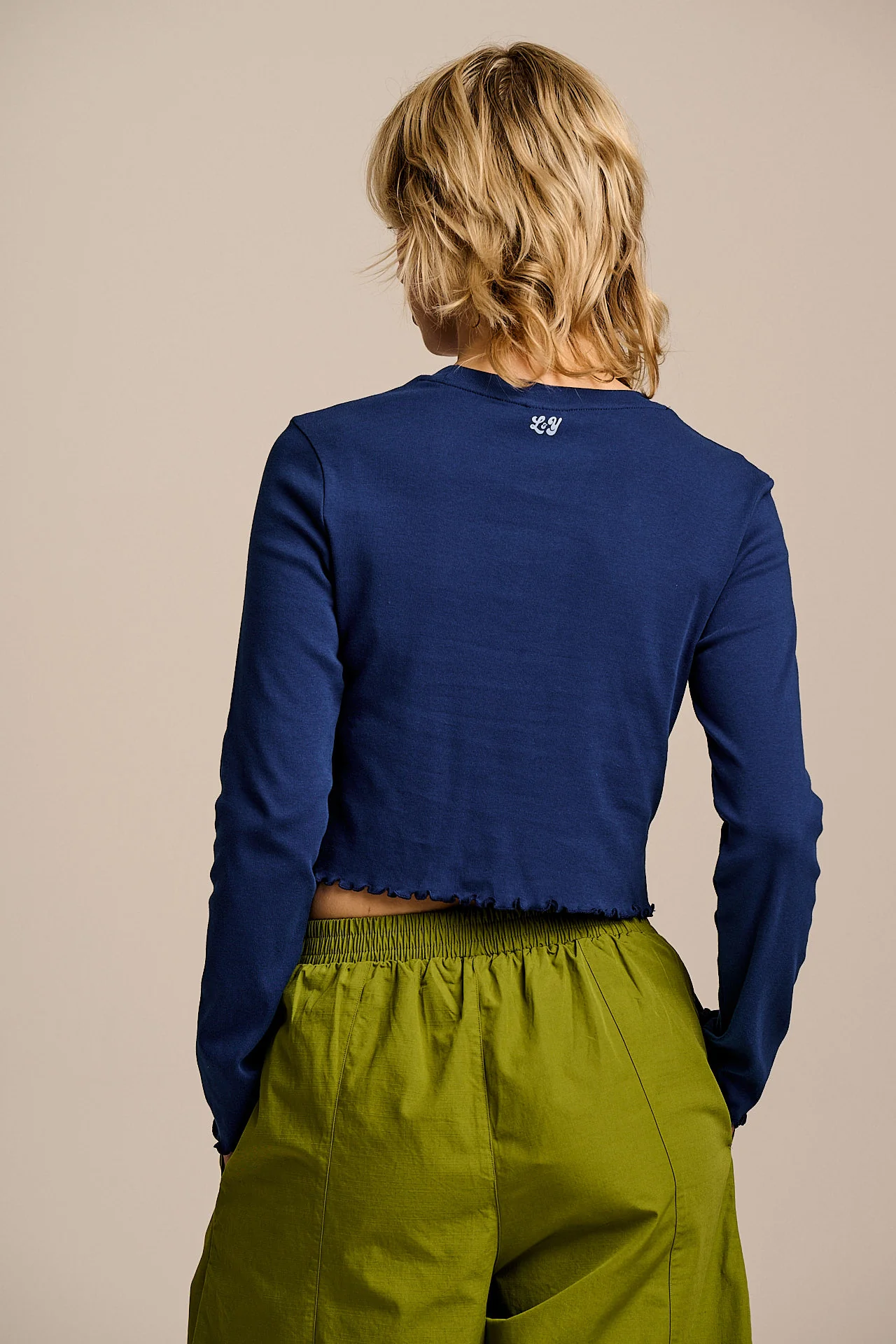 Hansel - Long Sleeve Cotton Jersey Crop Top in Navy - Image 5