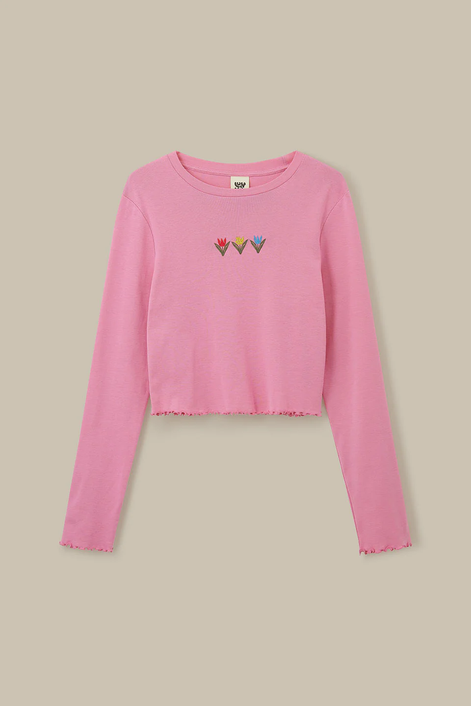 Hansel - Long Sleeve Cotton Crop Top in Pink Tulip Embroidery - Image 3