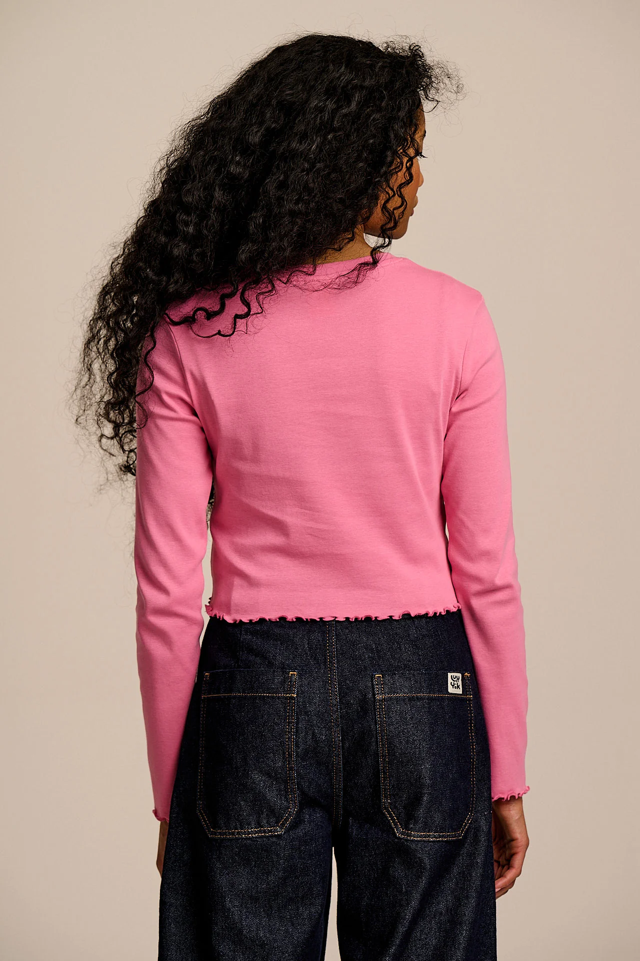 Hansel - Long Sleeve Cotton Crop Top in Pink Tulip Embroidery - Image 5