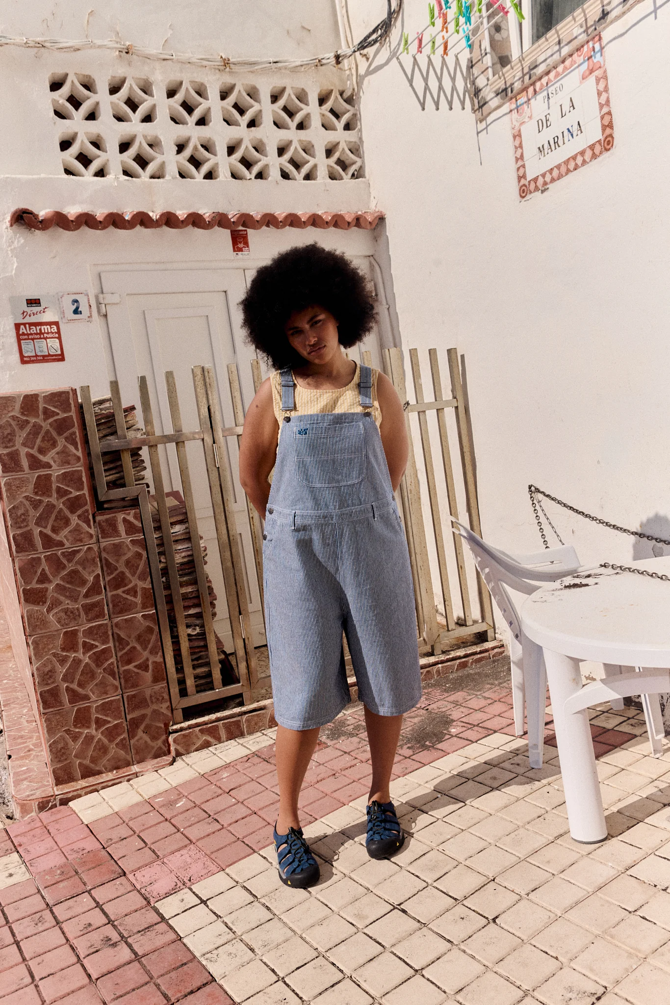 Jara - Cotton Dungarees Shorts in Navy Pinstripe - Image 10