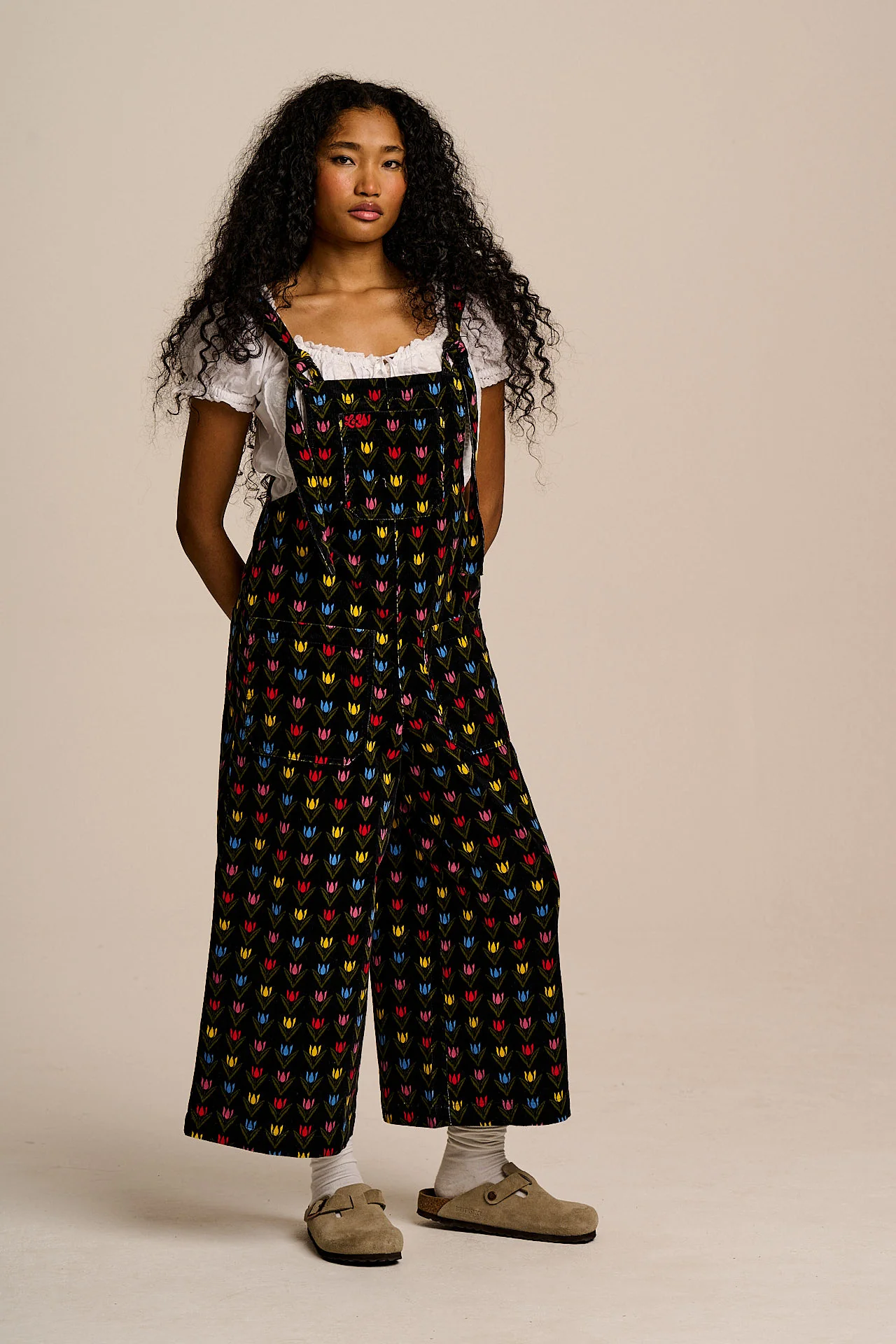 Jenny - Wide Leg Corduroy Dungarees in Black Tulip Print - Image 3