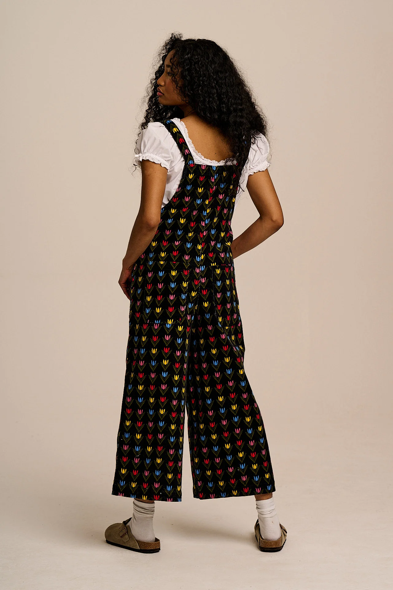 Jenny - Wide Leg Corduroy Dungarees in Black Tulip Print - Image 4