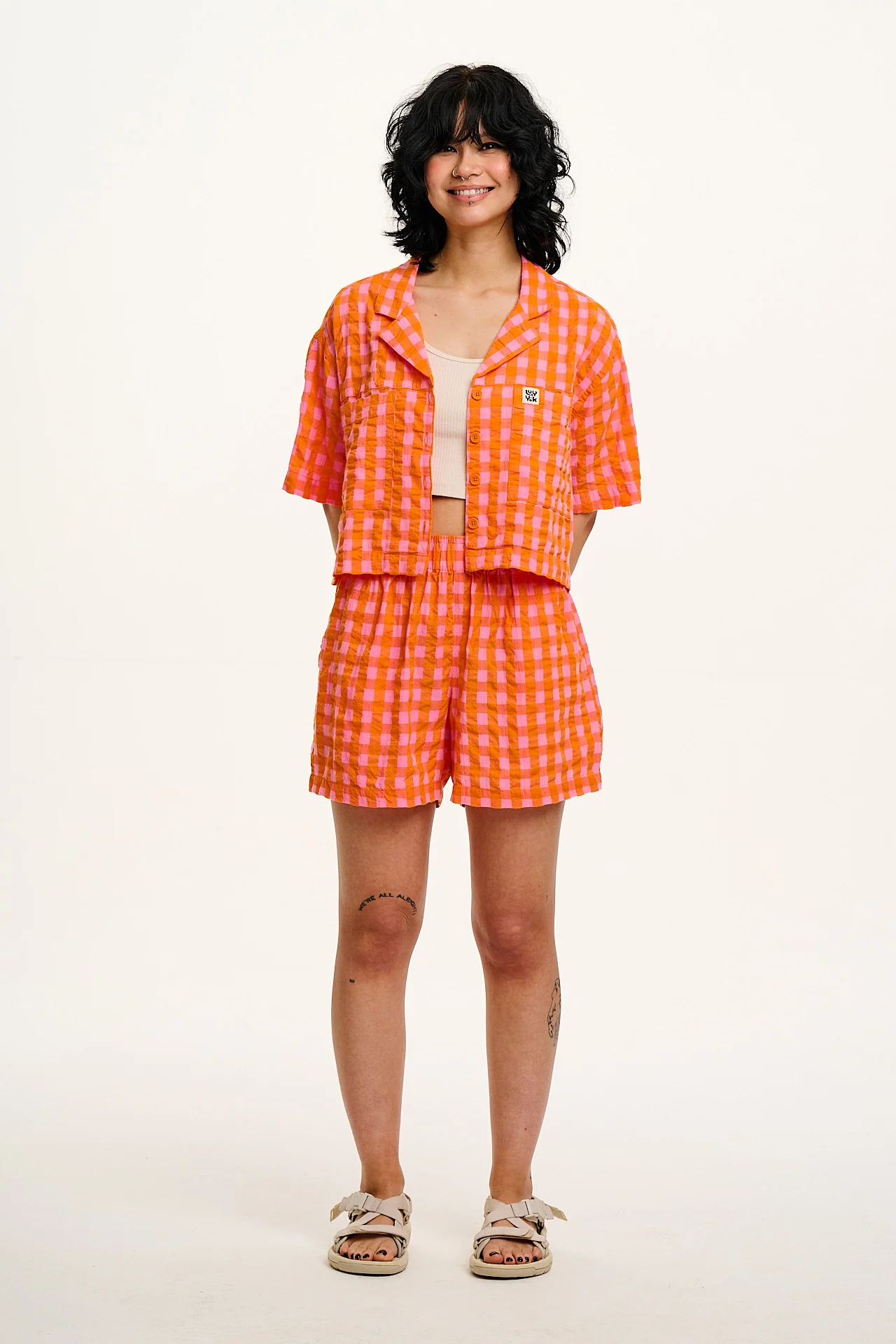 Jessie - Cotton Seersucker Shorts in Pink & Orange Gingham - Image 13