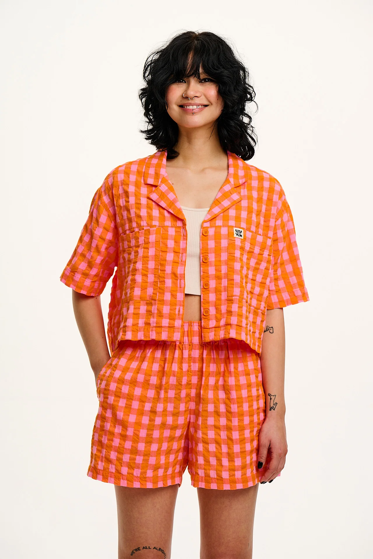 Jessie - Cotton Seersucker Shorts in Pink & Orange Gingham - Image 14