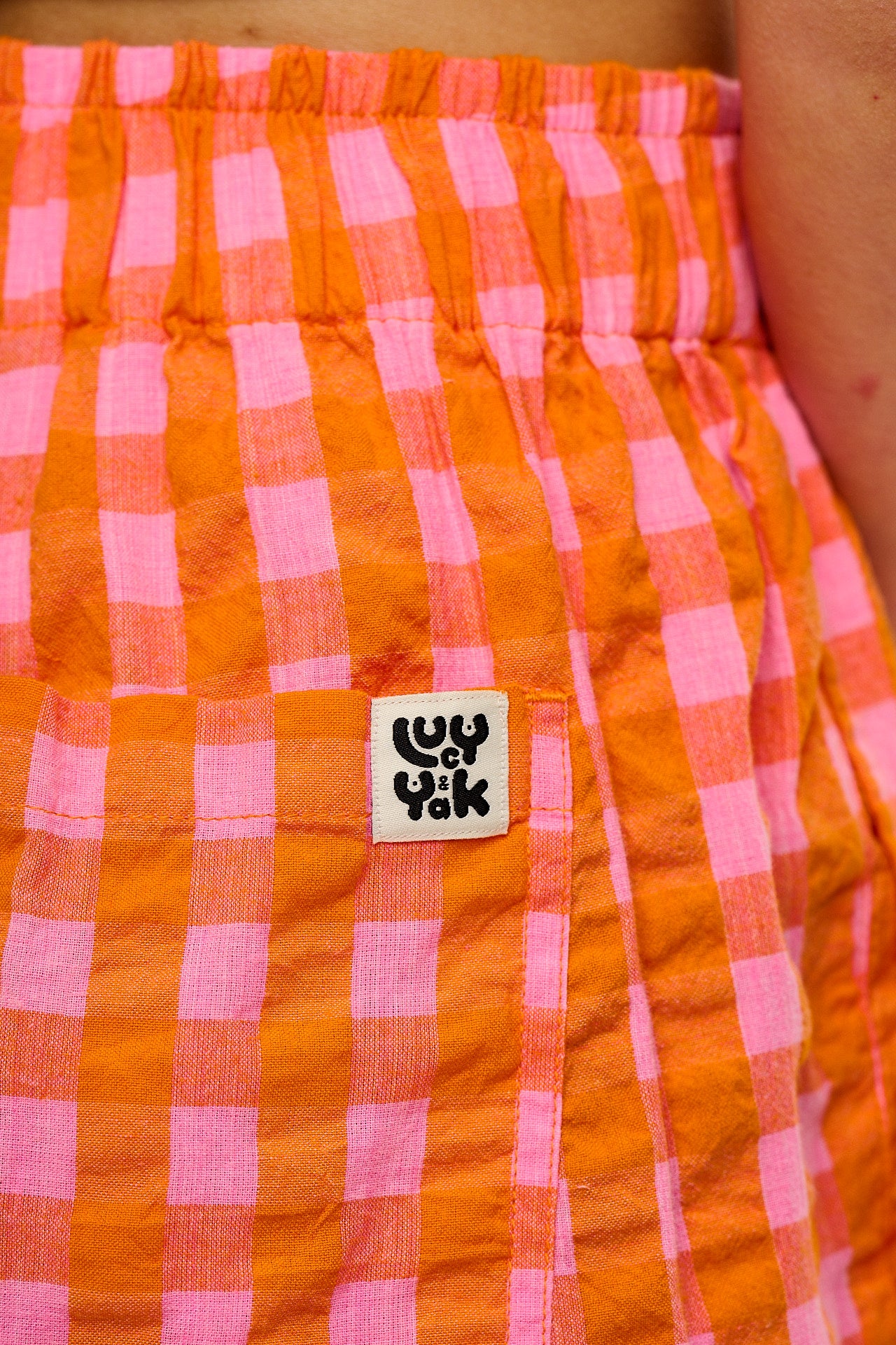 Jessie - Cotton Seersucker Shorts in Pink & Orange Gingham - Image 3