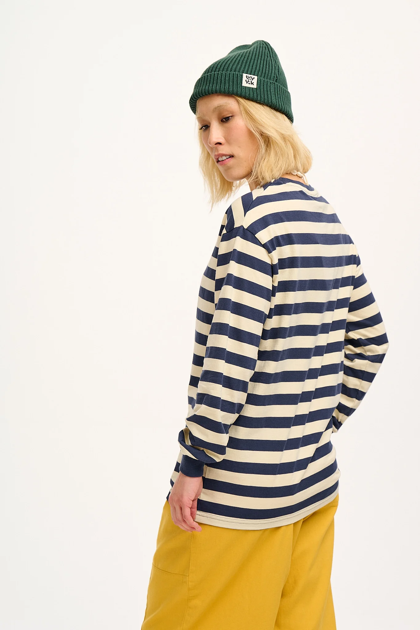 Kenny - Long Sleeve Skater Cotton T-Shirt in Navy & Ecru Stripe - Image 10
