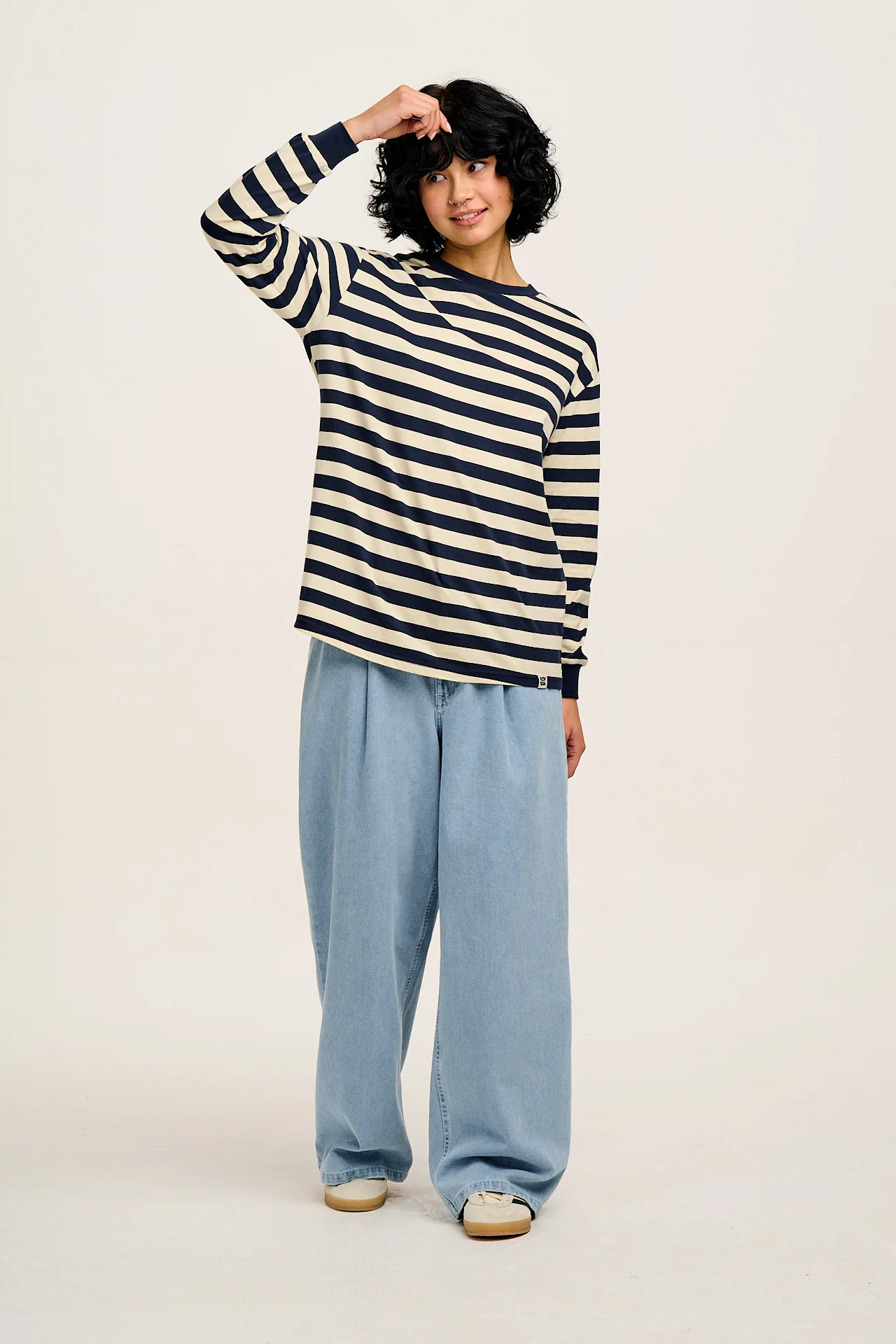 Kenny - Long Sleeve Skater Cotton T-Shirt in Navy & Ecru Stripe - Image 13