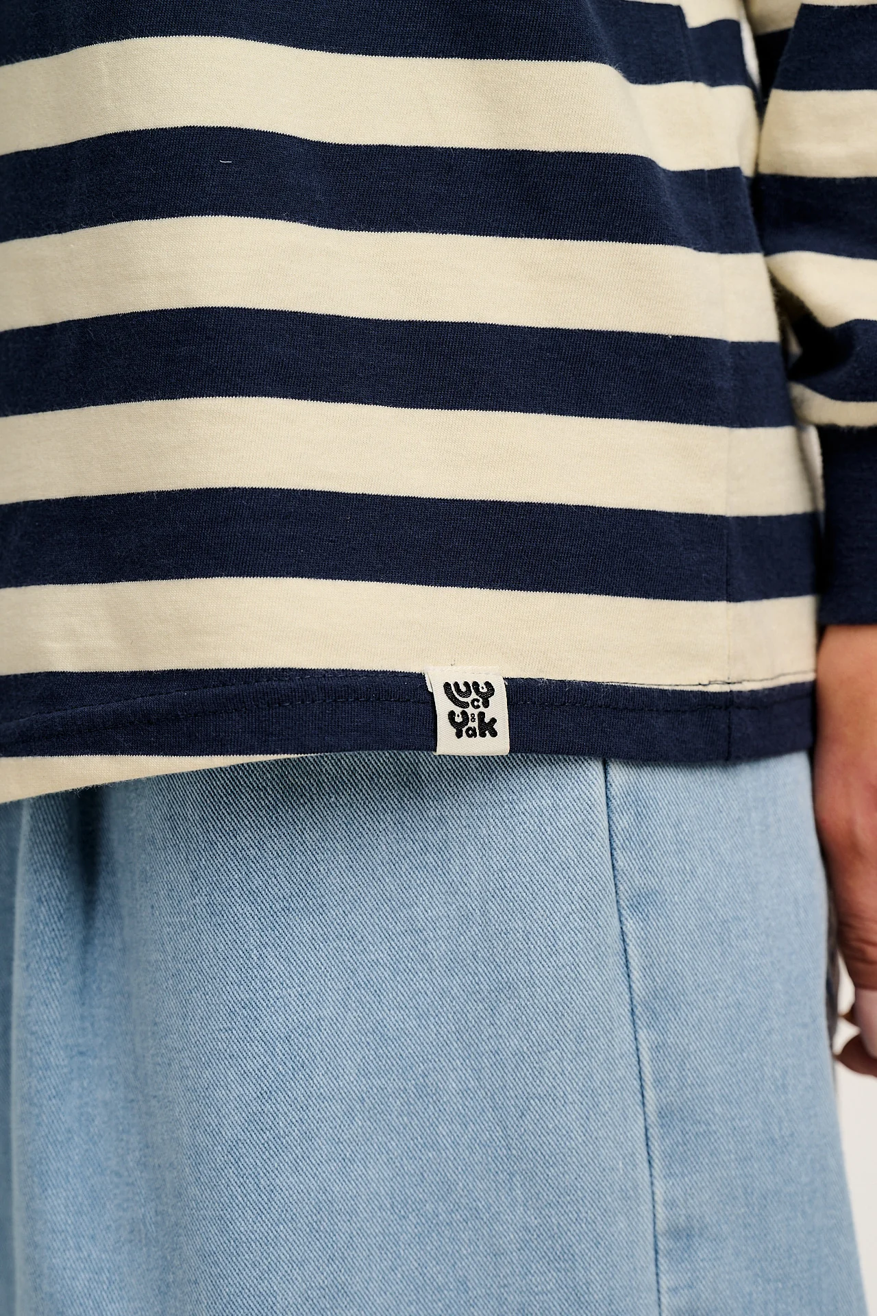 Kenny - Long Sleeve Skater Cotton T-Shirt in Navy & Ecru Stripe - Image 3