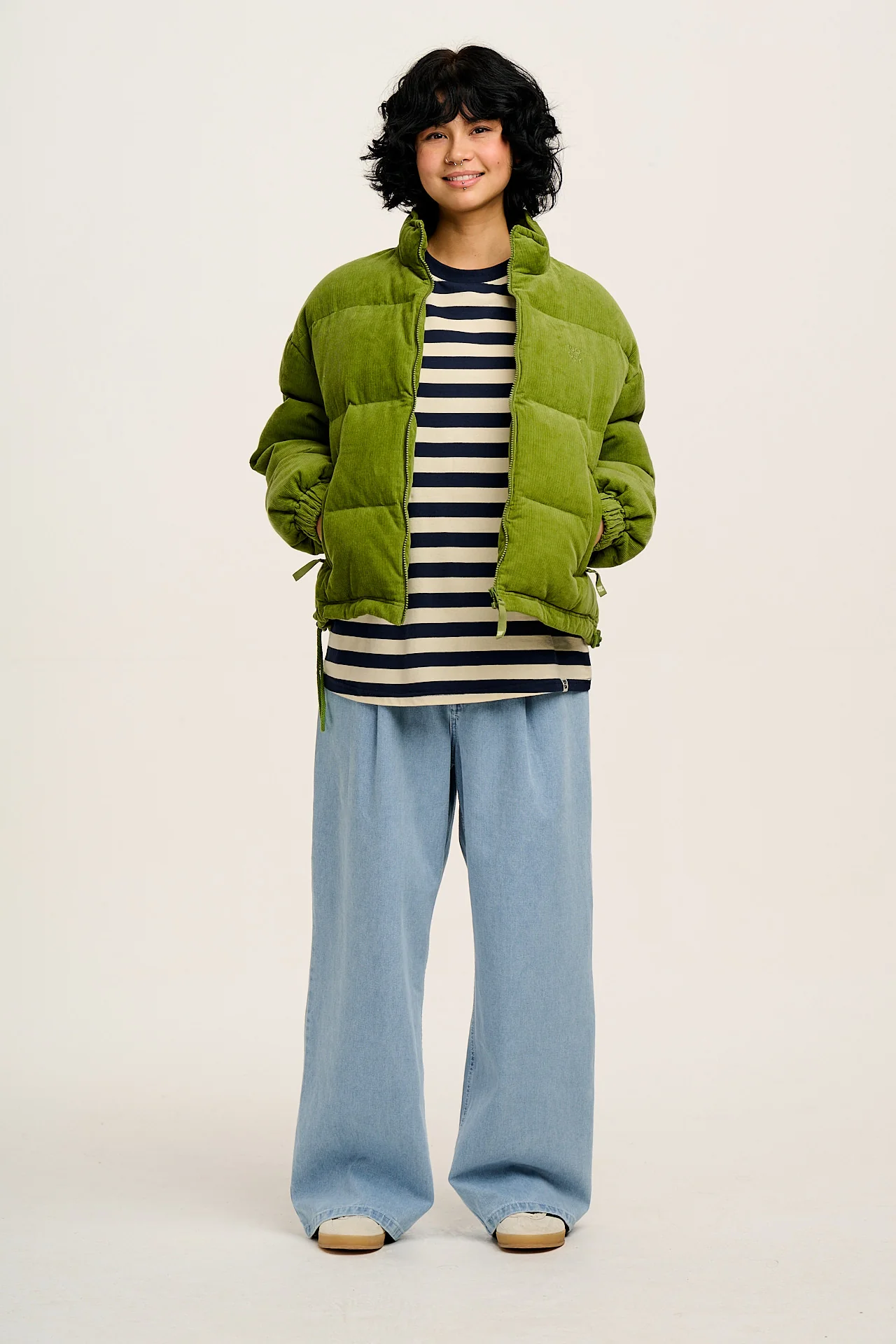 Kenny - Long Sleeve Skater Cotton T-Shirt in Navy & Ecru Stripe - Image 5