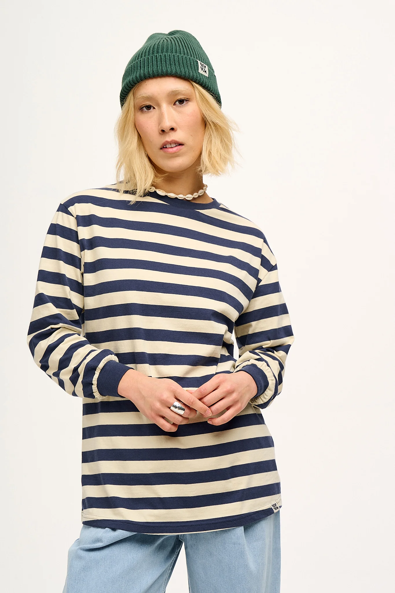 Kenny - Long Sleeve Skater Cotton T-Shirt in Navy & Ecru Stripe - Image 7