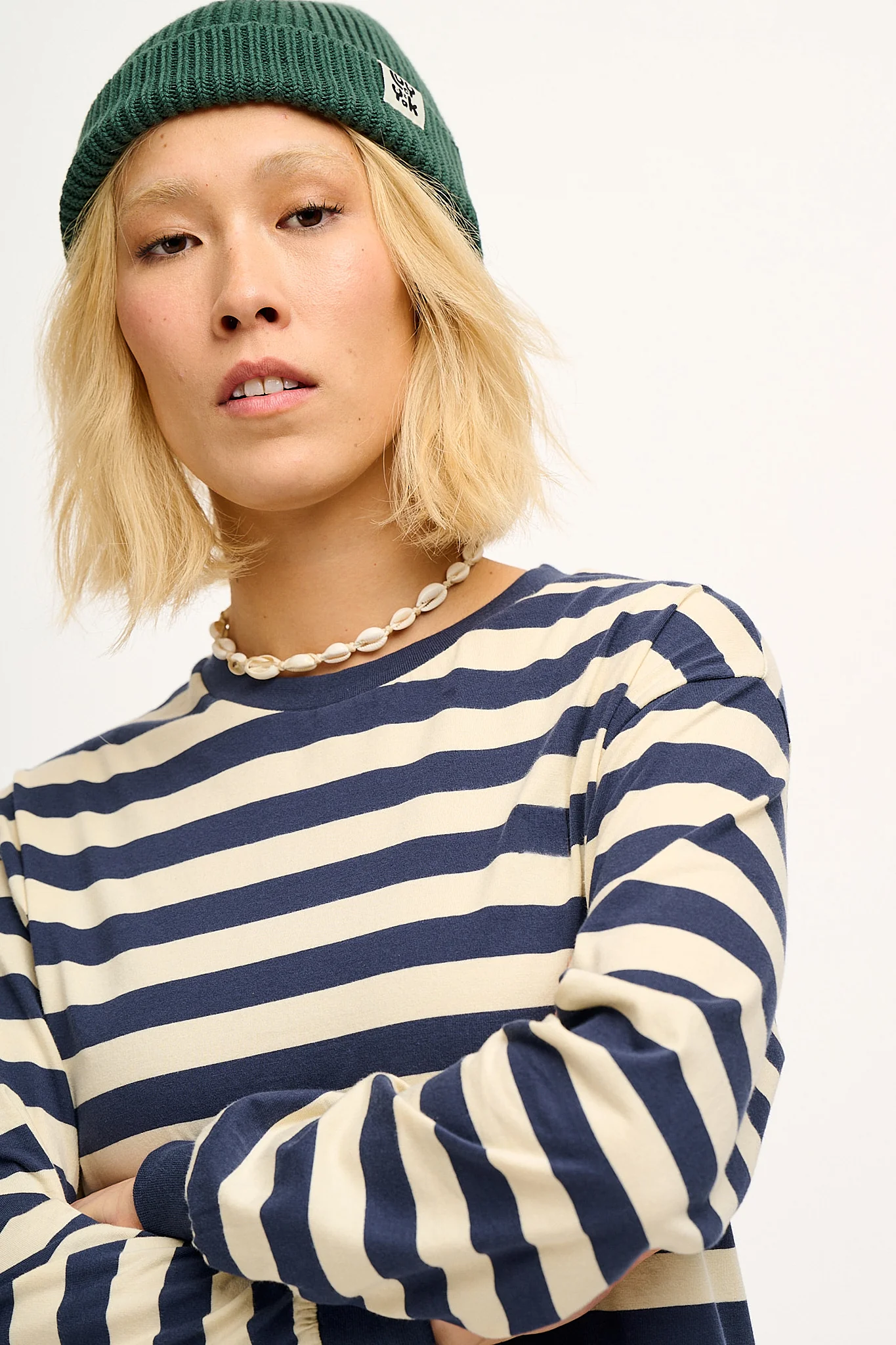 Kenny - Long Sleeve Skater Cotton T-Shirt in Navy & Ecru Stripe - Image 8