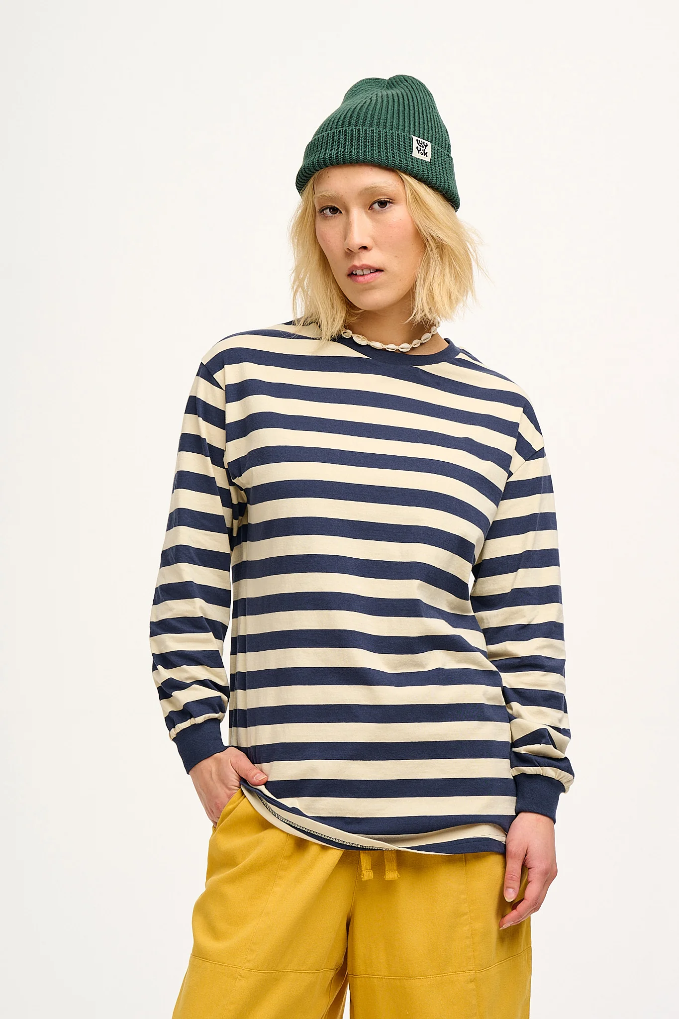Kenny - Long Sleeve Skater Cotton T-Shirt in Navy & Ecru Stripe - Image 9