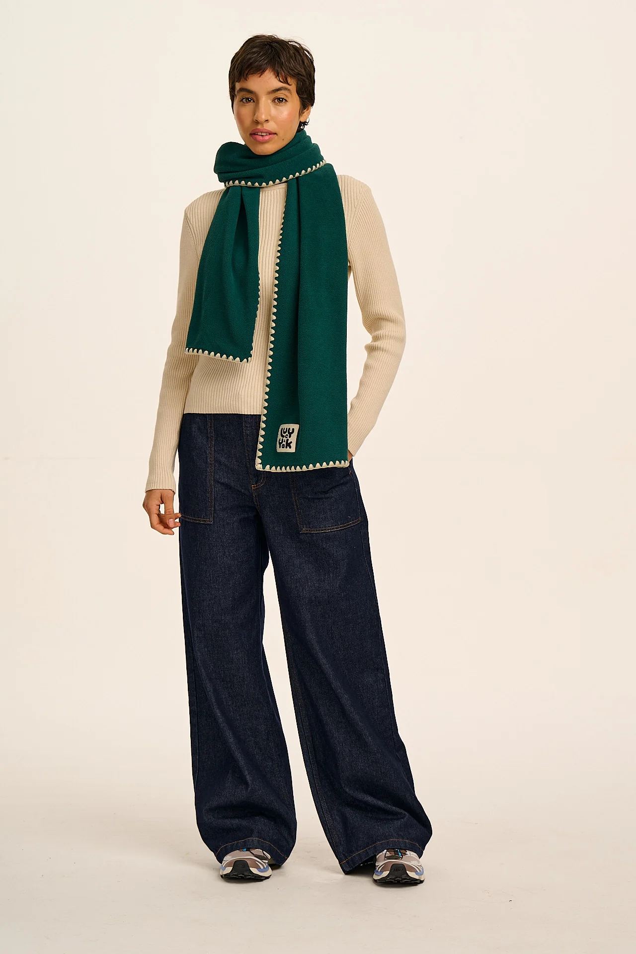Kiri - Polar Fleece Blanket Stitch Scarf in Teal & Ecru - Image 3