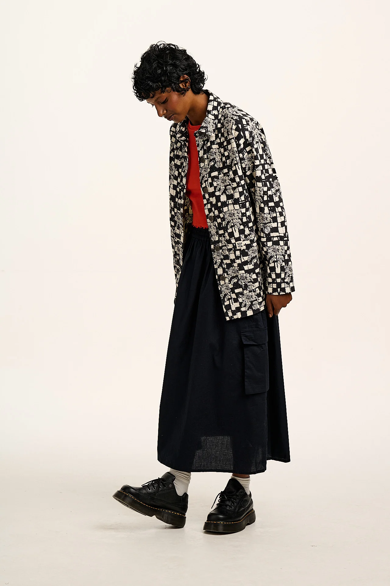 L.E. Olly - Cotton Jacket in Black & White Sunflower Check - Image 6