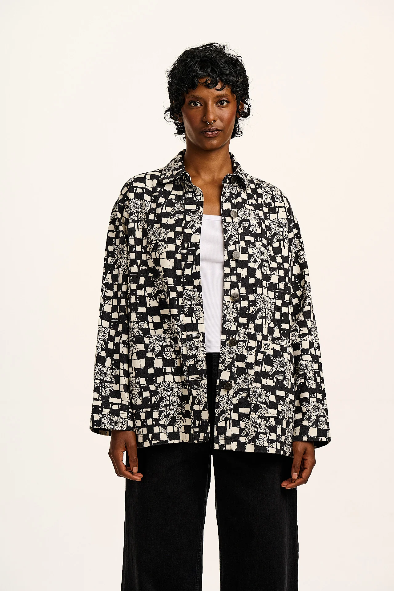 L.E. Olly - Cotton Jacket in Black & White Sunflower Check - Image 7