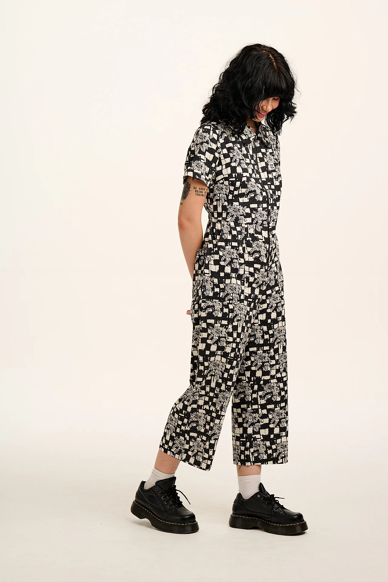 L.E. Ragan - Cotton Jumpsuit in Black & White Sunflower Check - Image 3
