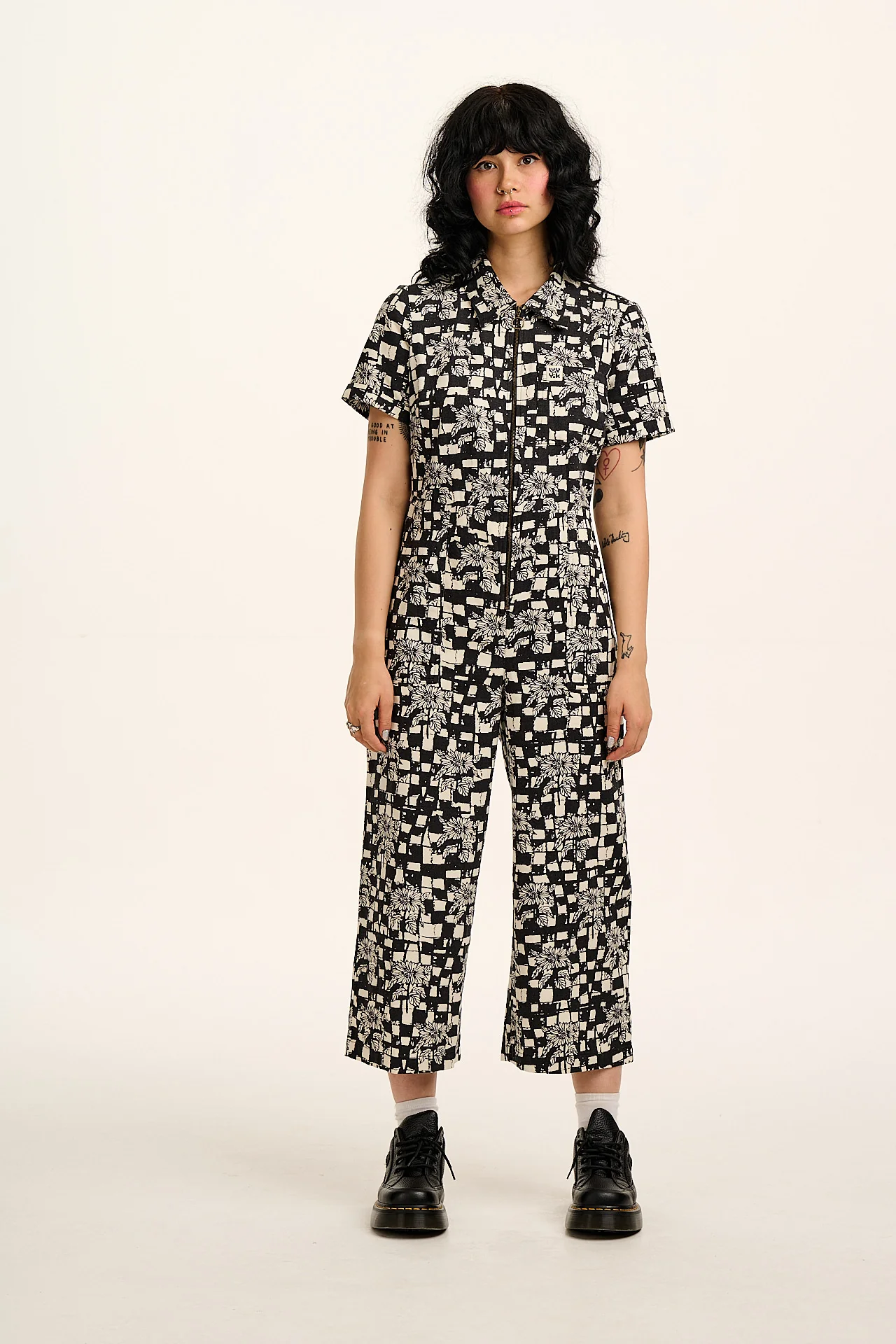 L.E. Ragan - Cotton Jumpsuit in Black & White Sunflower Check - Image 4