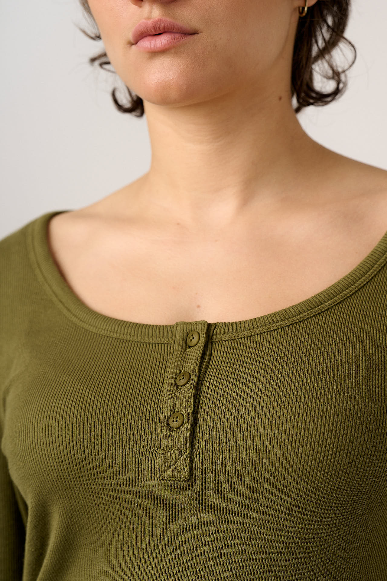 Lana - Cotton Long Sleeve Rib Top in Khaki - Image 2