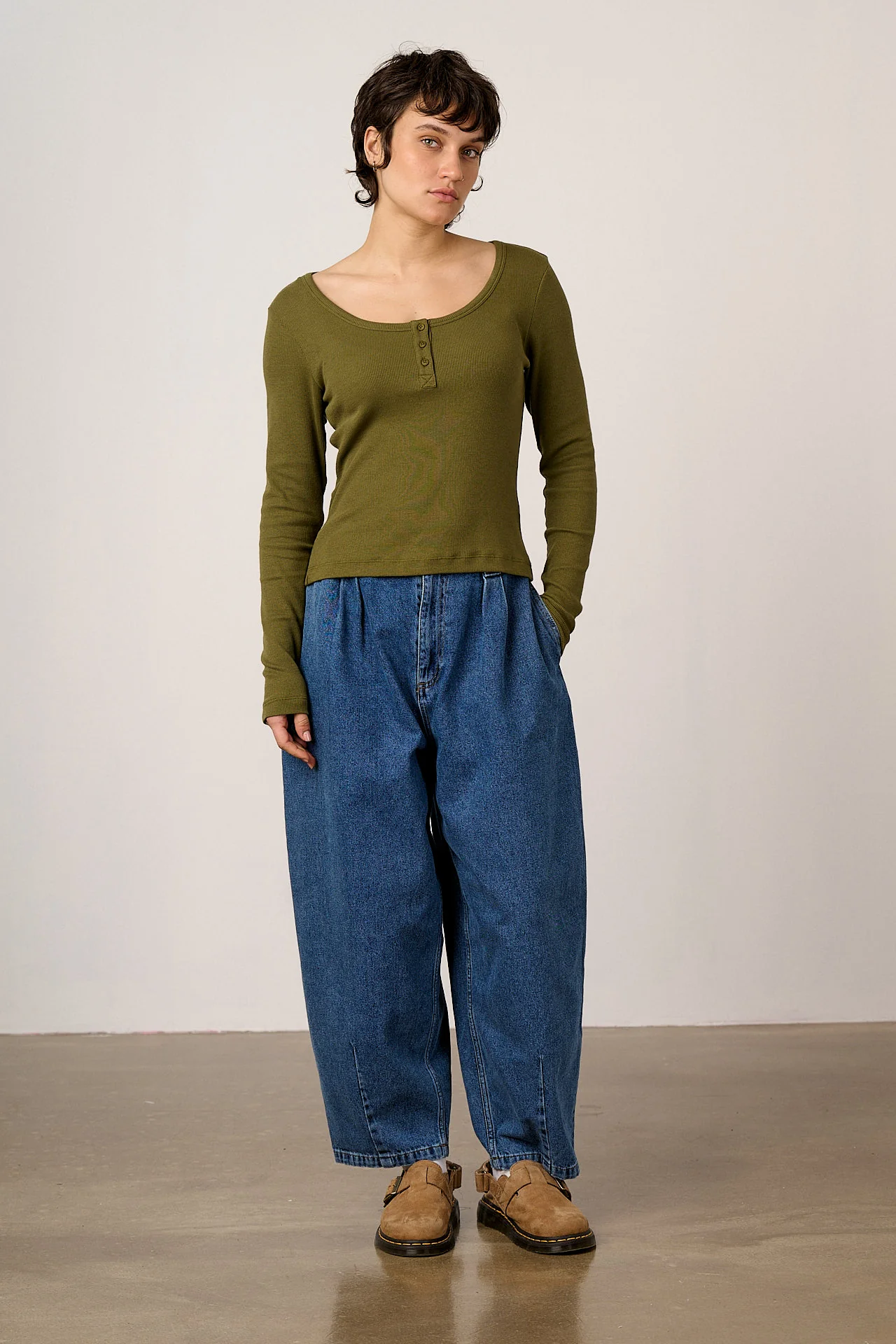 Lana - Cotton Long Sleeve Rib Top in Khaki - Image 3