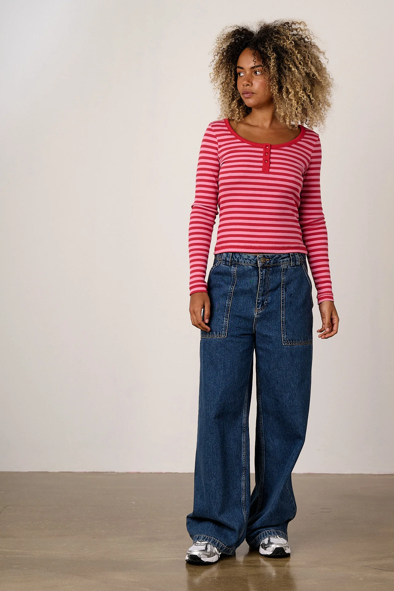 Lana - Cotton Long Sleeve Rib Top in Pink & Red Stripe - Image 3