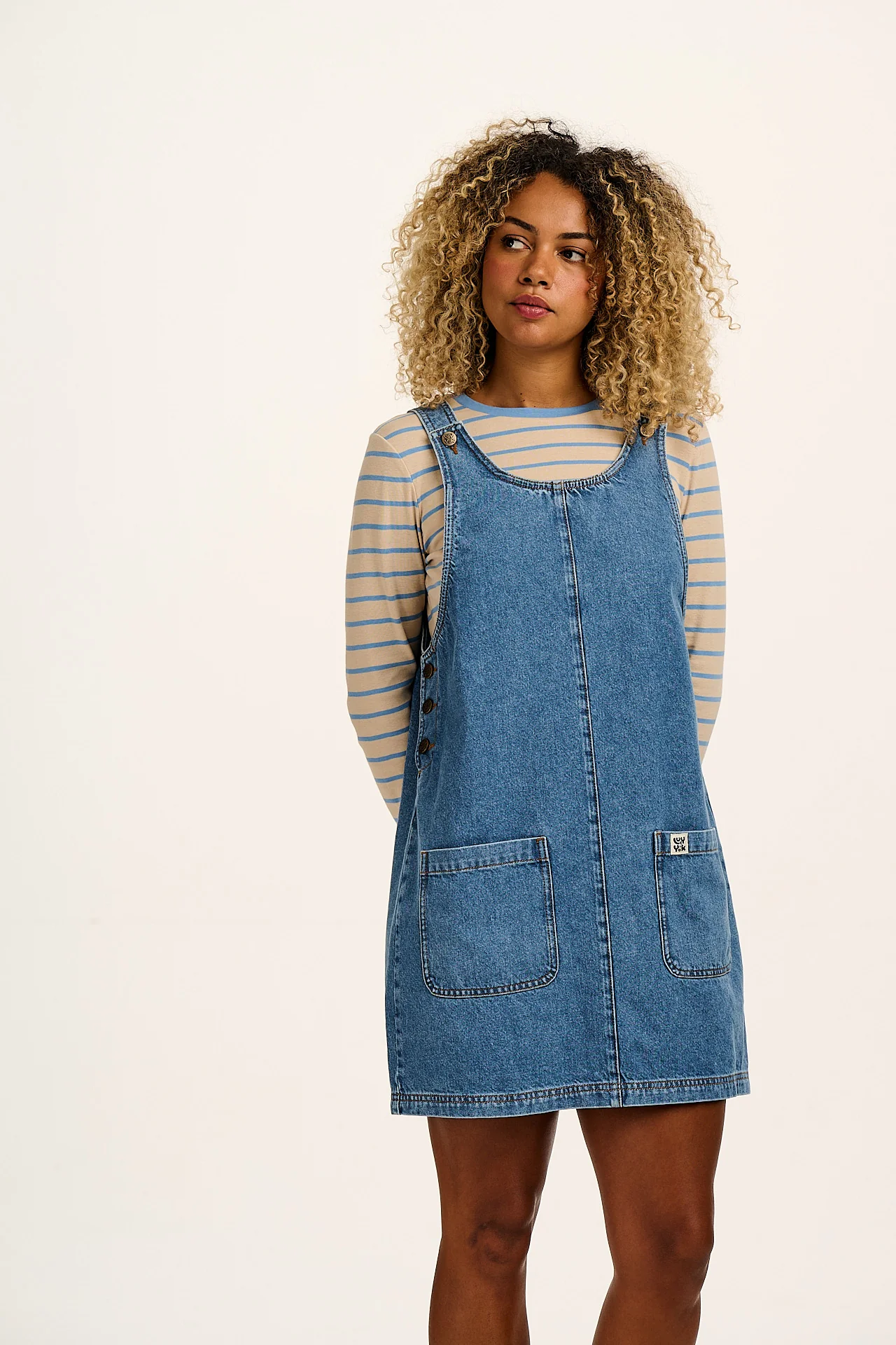 Layla - Mini Denim Dress in Mid Wash Blue - Image 4