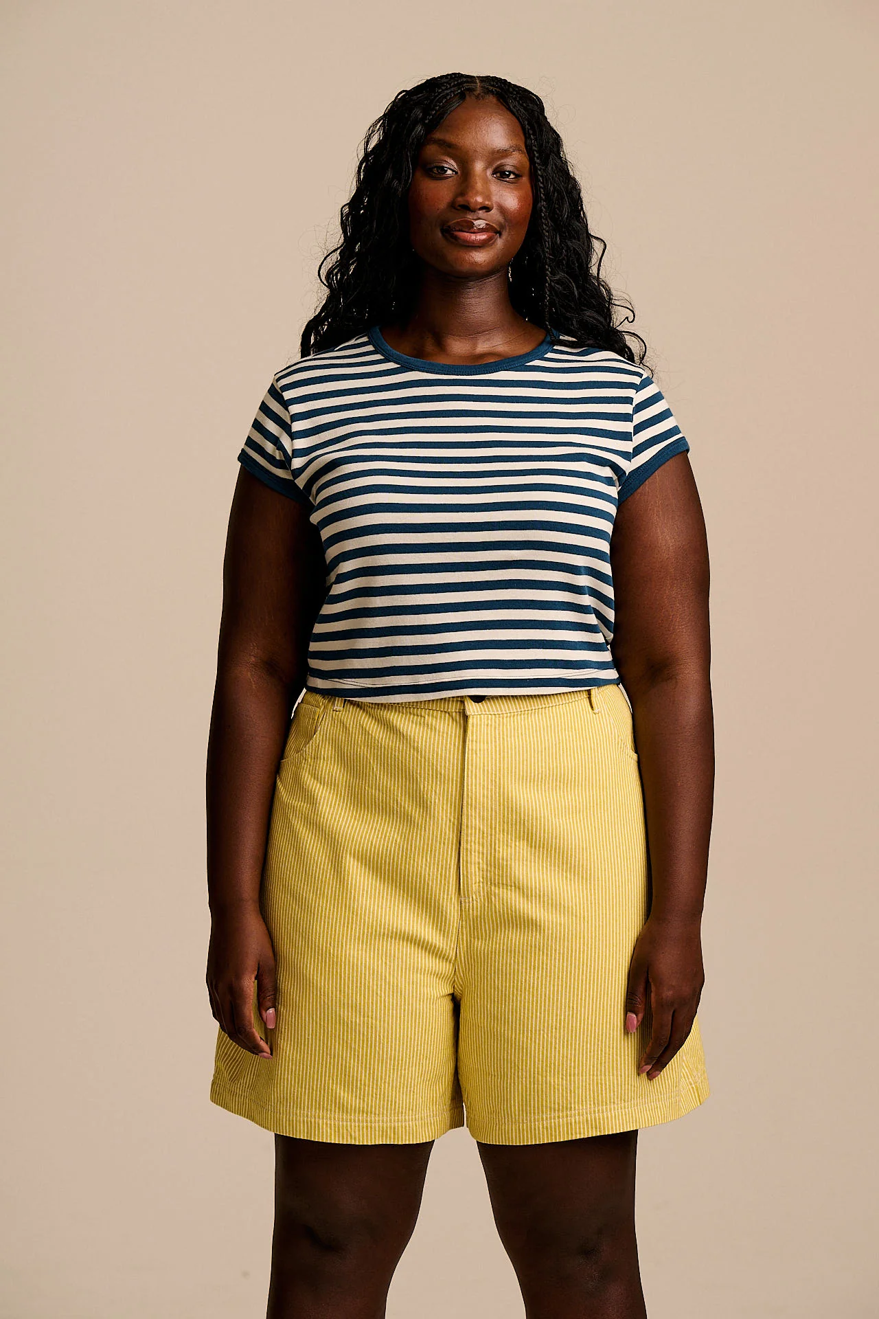 Lexi - High Waist Cotton Shorts in Lemon Hickory Stripe - Image 3