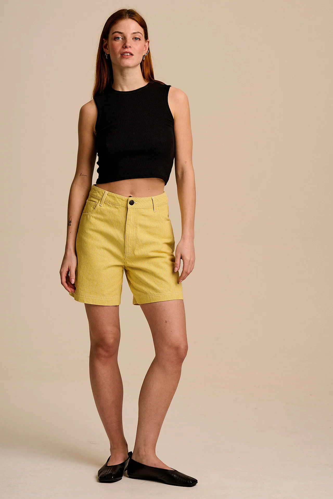 Lexi - High Waist Cotton Shorts in Lemon Hickory Stripe - Image 8