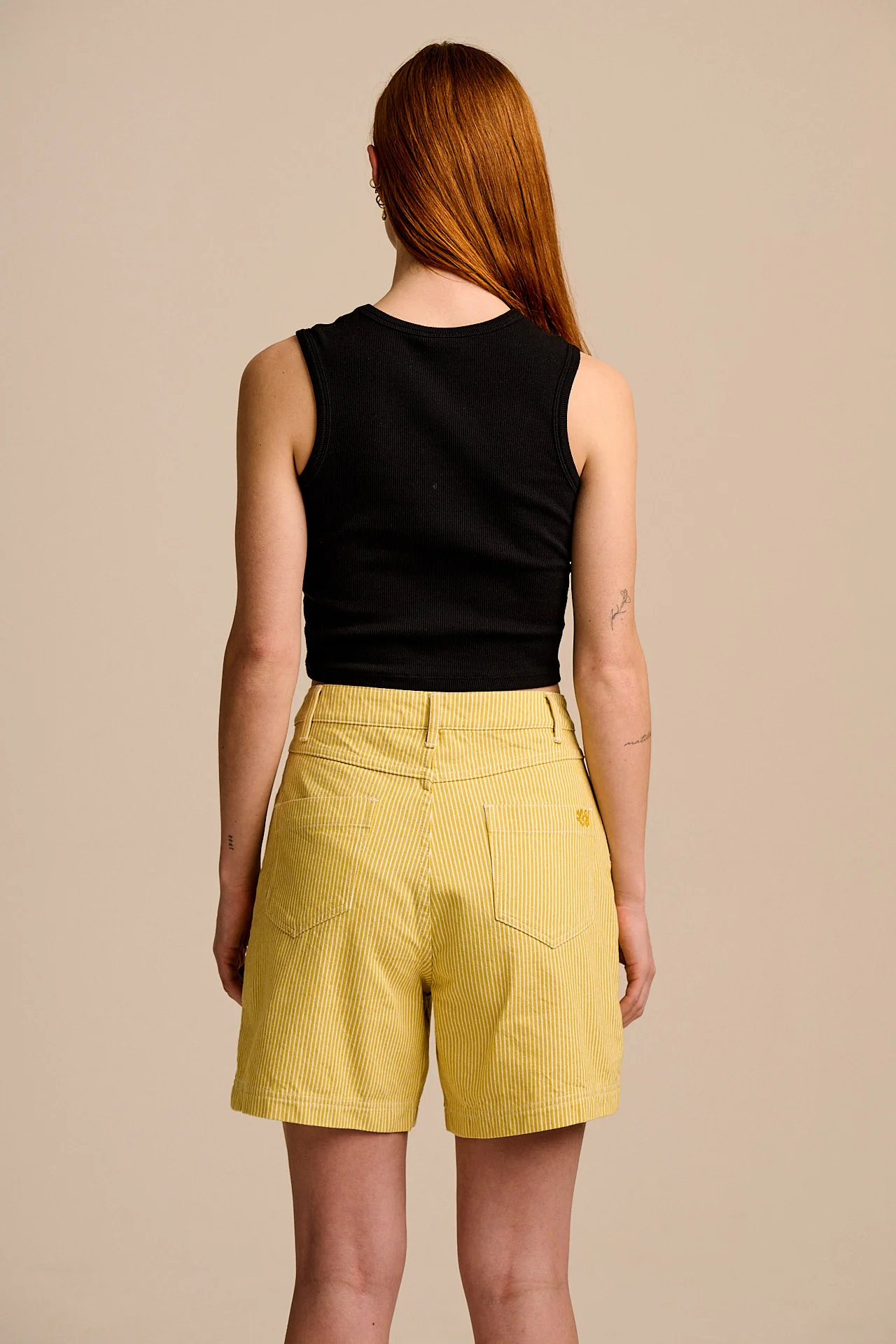 Lexi - High Waist Cotton Shorts in Lemon Hickory Stripe - Image 9