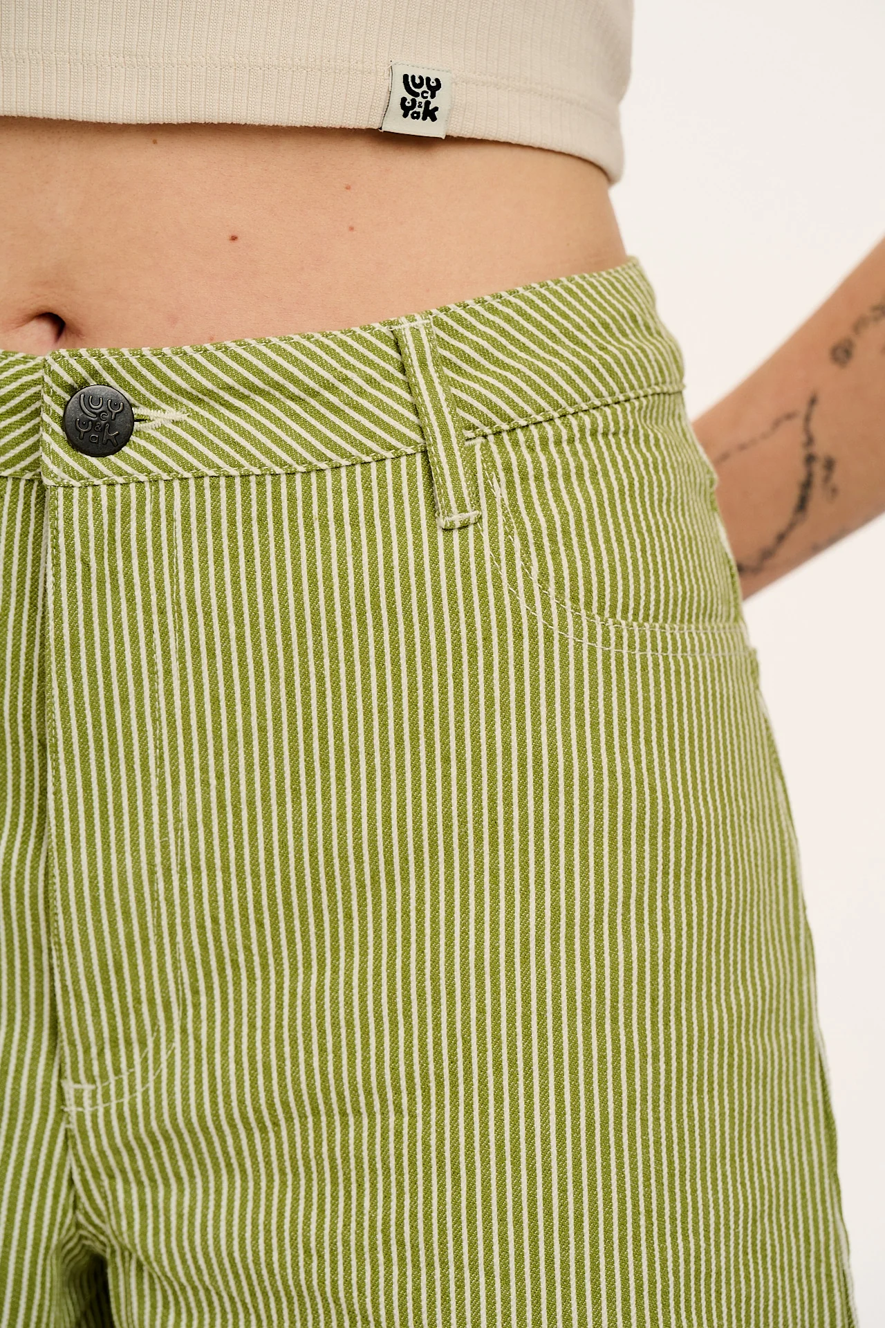 Lexi - High Waist Cotton Shorts in Green Hickory Stripe - Image 3