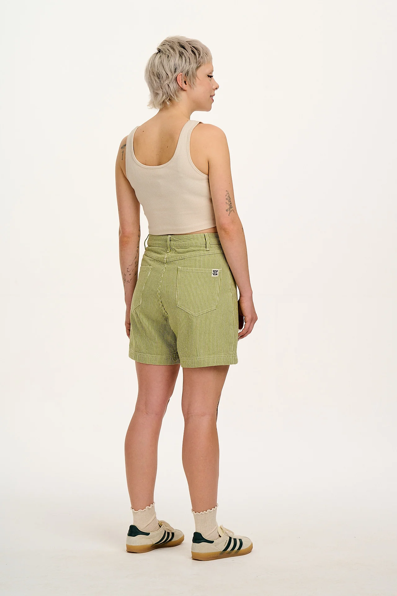 Lexi - High Waist Cotton Shorts in Green Hickory Stripe - Image 6