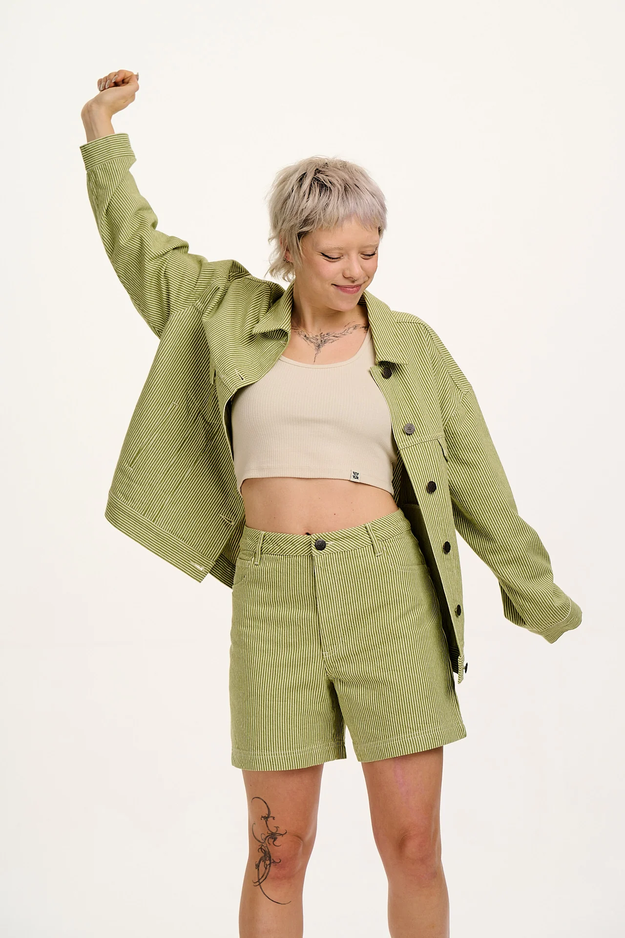 Lexi - High Waist Cotton Shorts in Green Hickory Stripe - Image 7
