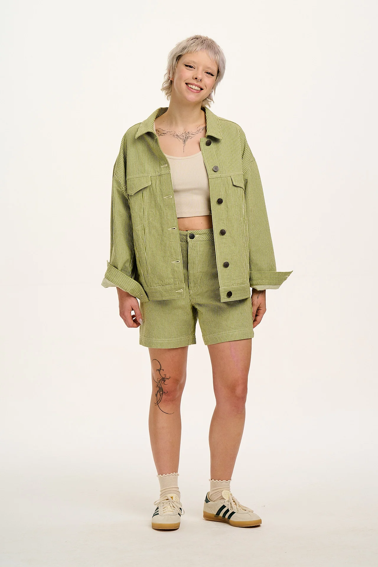 Lexi - High Waist Cotton Shorts in Green Hickory Stripe - Image 8