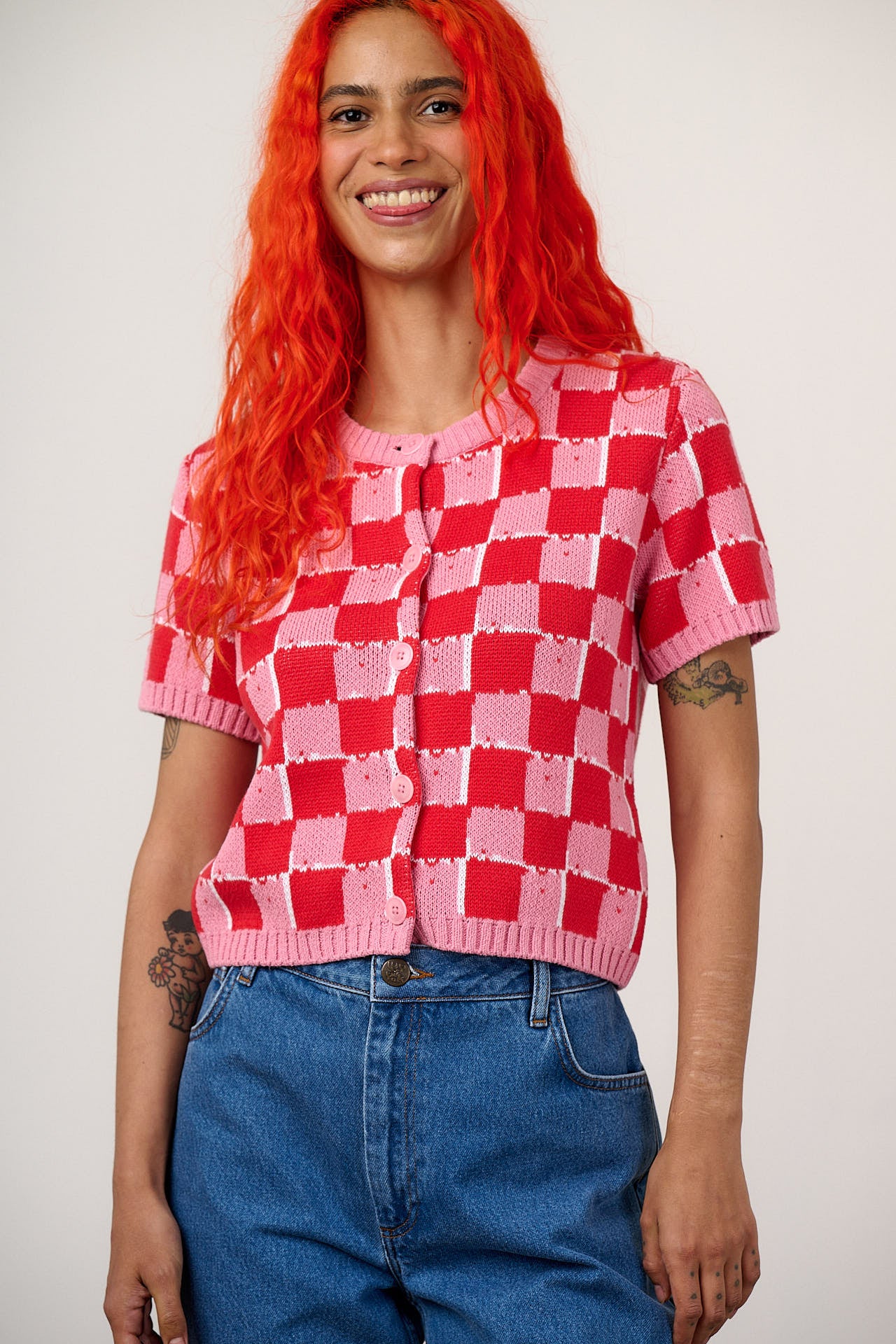 Lizzie - Cotton Short Sleeve Knitted Cardigan in Pink & Red Blurred Checkerboard - Image 2