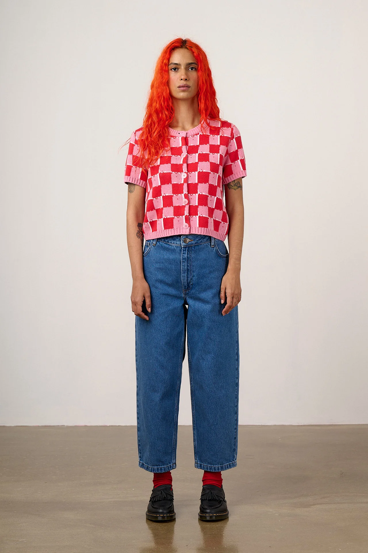 Lizzie - Cotton Short Sleeve Knitted Cardigan in Pink & Red Blurred Checkerboard - Image 4