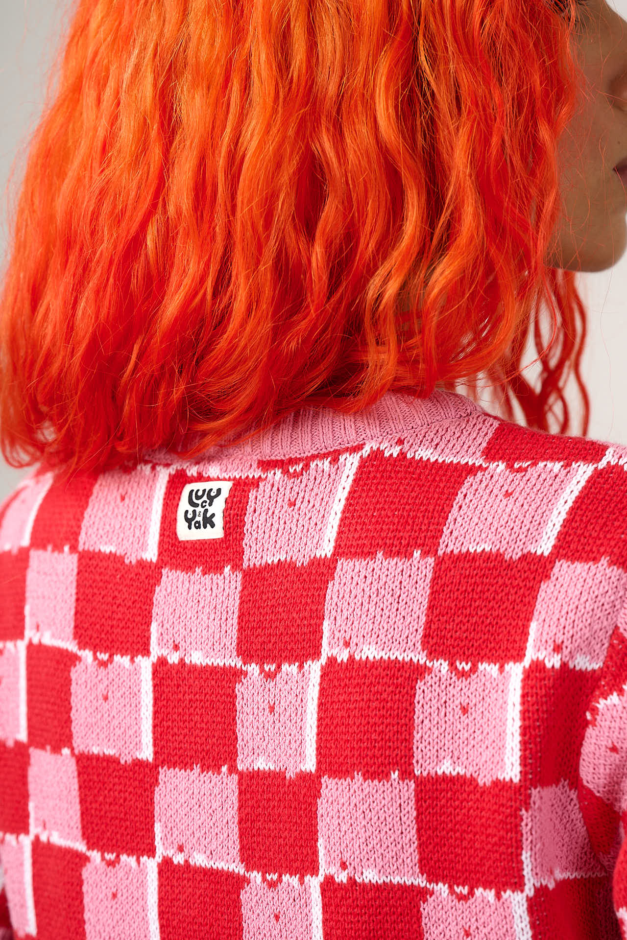 Lizzie - Cotton Short Sleeve Knitted Cardigan in Pink & Red Blurred Checkerboard - Image 5