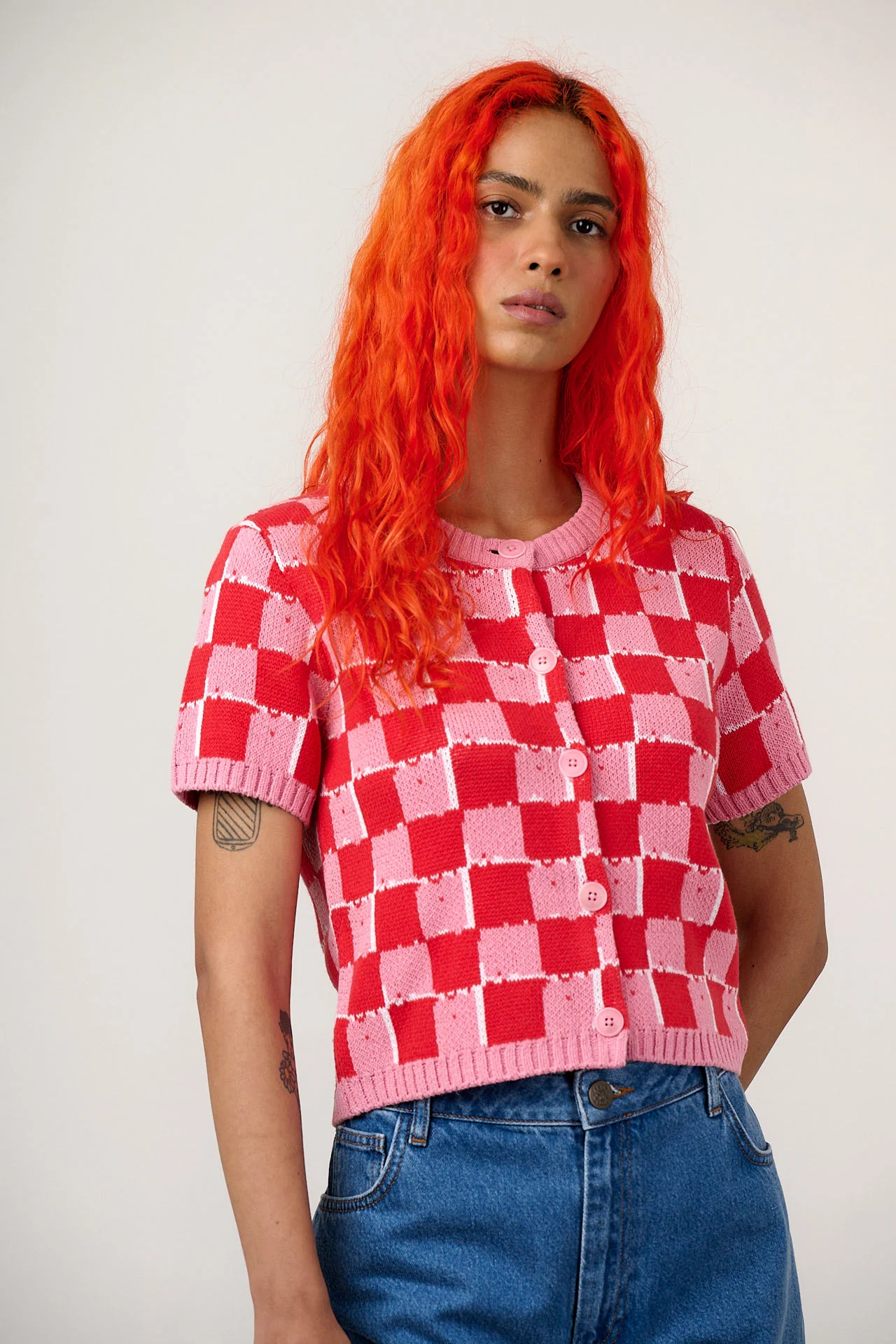 Lizzie - Cotton Short Sleeve Knitted Cardigan in Pink & Red Blurred Checkerboard - Image 6