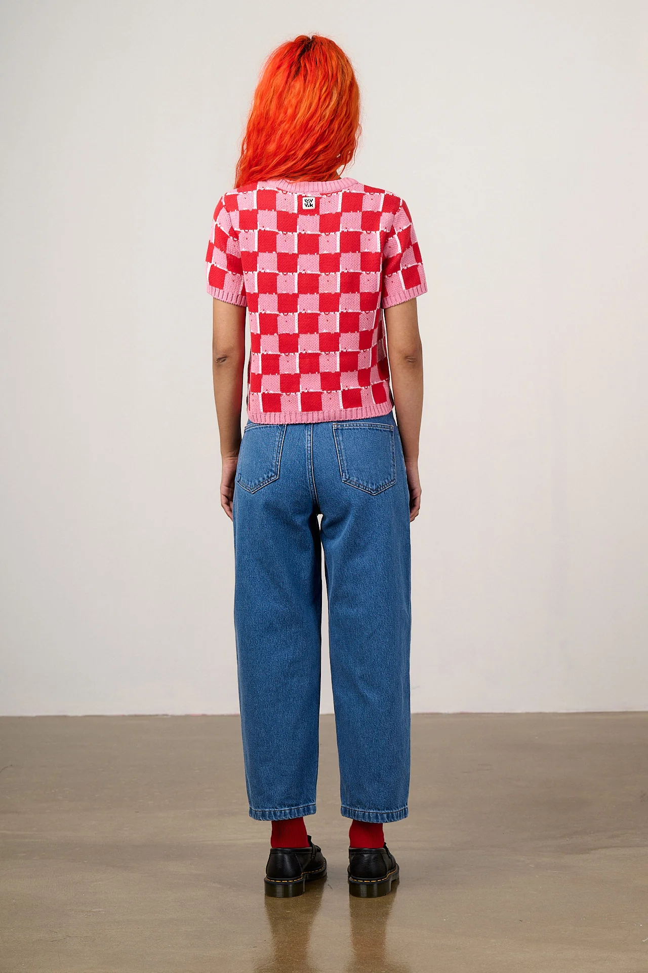 Lizzie - Cotton Short Sleeve Knitted Cardigan in Pink & Red Blurred Checkerboard - Image 7