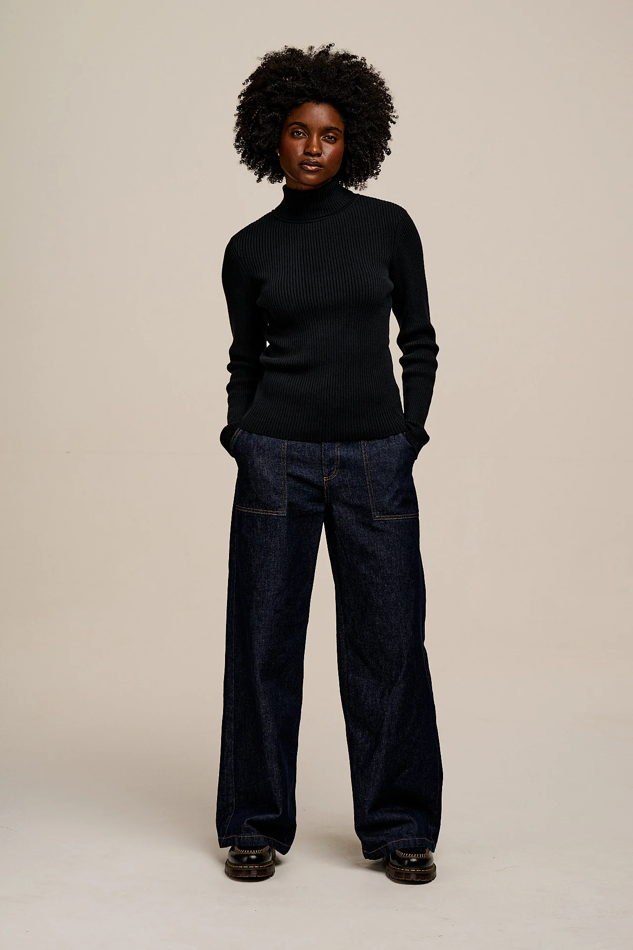 Eva - Knitted Roll Neck Long Sleeve Top in Black - Image 3