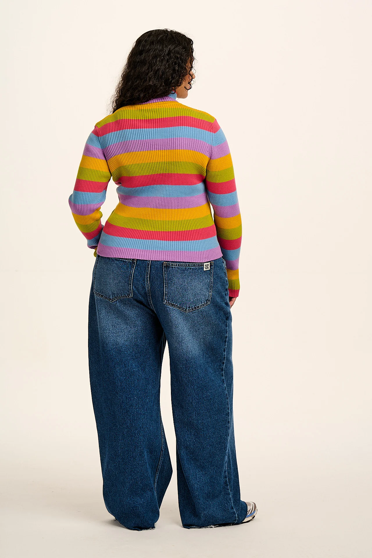 Eva - Knitted Roll Neck Long Sleeve Top in Rainbow Stripe - Image 3