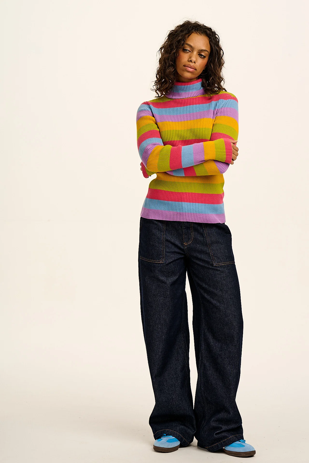 Eva - Knitted Roll Neck Long Sleeve Top in Rainbow Stripe - Image 4