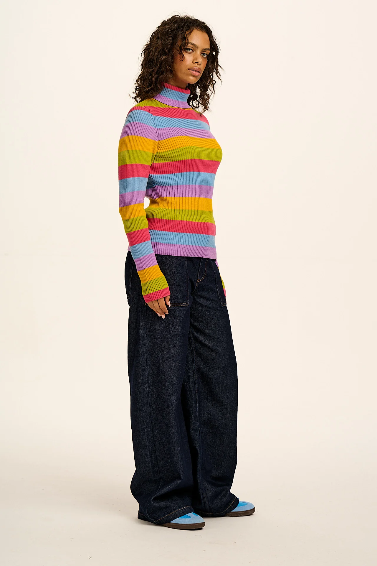 Eva - Knitted Roll Neck Long Sleeve Top in Rainbow Stripe - Image 5