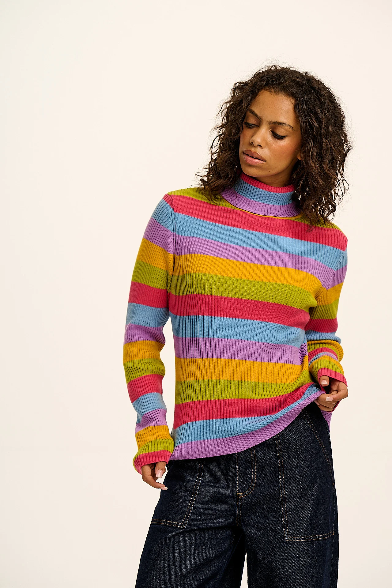 Eva - Knitted Roll Neck Long Sleeve Top in Rainbow Stripe - Image 6