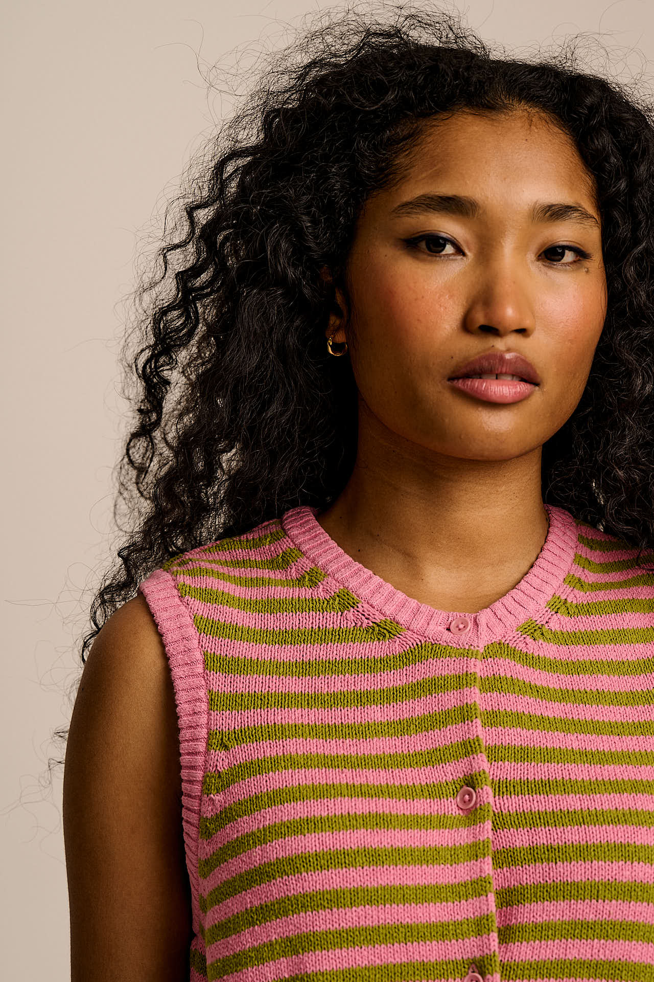 Lynne - Cotton Knitted Tank in Green & Pink Stripe - Image 3